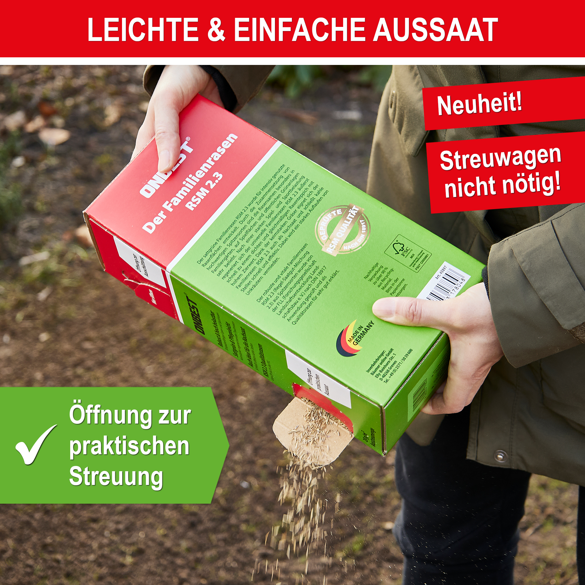 Leichte und einfache Aussaat - Öffnung zur praktischen Streuung - Rasensamen - Grassamen - Rasenmischung - Sportrasen - Spielrasen - Grünflächensaat - Rasenpflanze - Rasenkeimling - Rasenwiese - Gartenrasen - Rasenpflege - Grasnachsaat