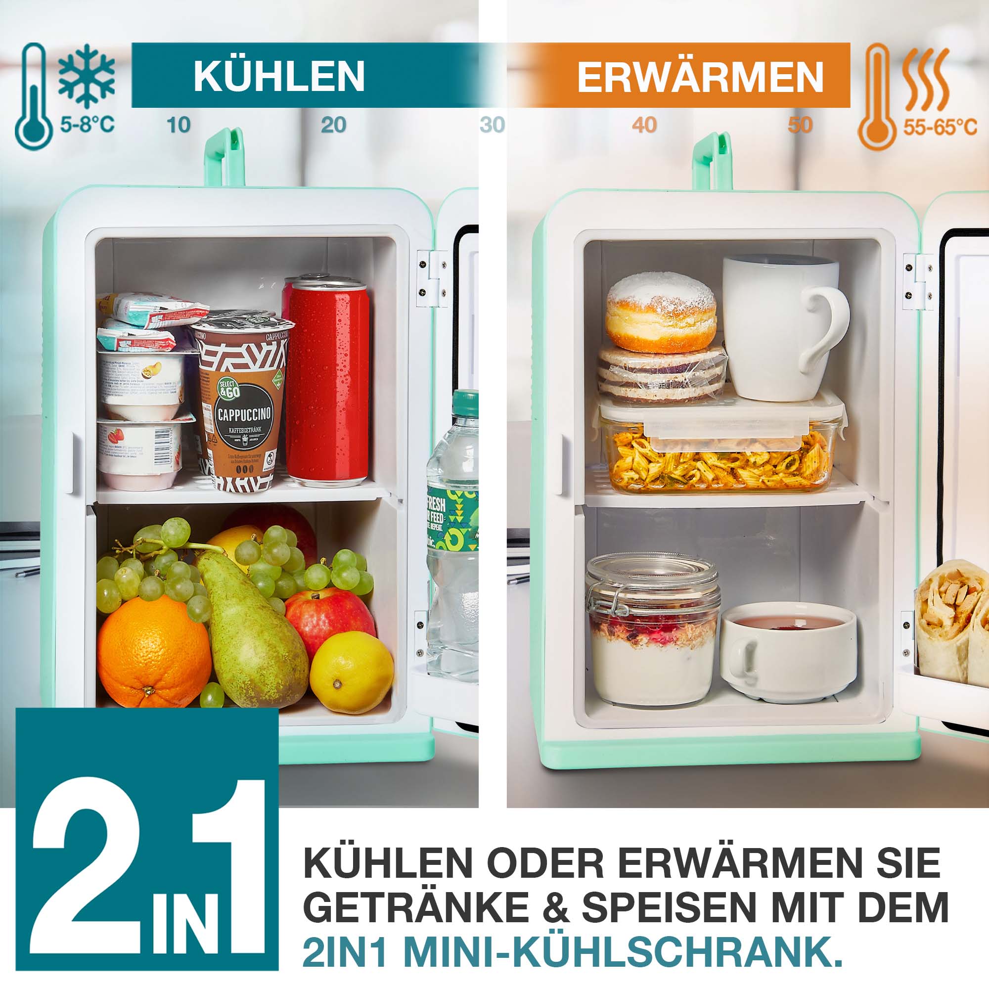 Mini-Kühlschrank Grün für Getränke und Speisen sowohl zum Kühlen als auch Erwärmen ideal für zuhause oder unterwegs 2in1 Funktion