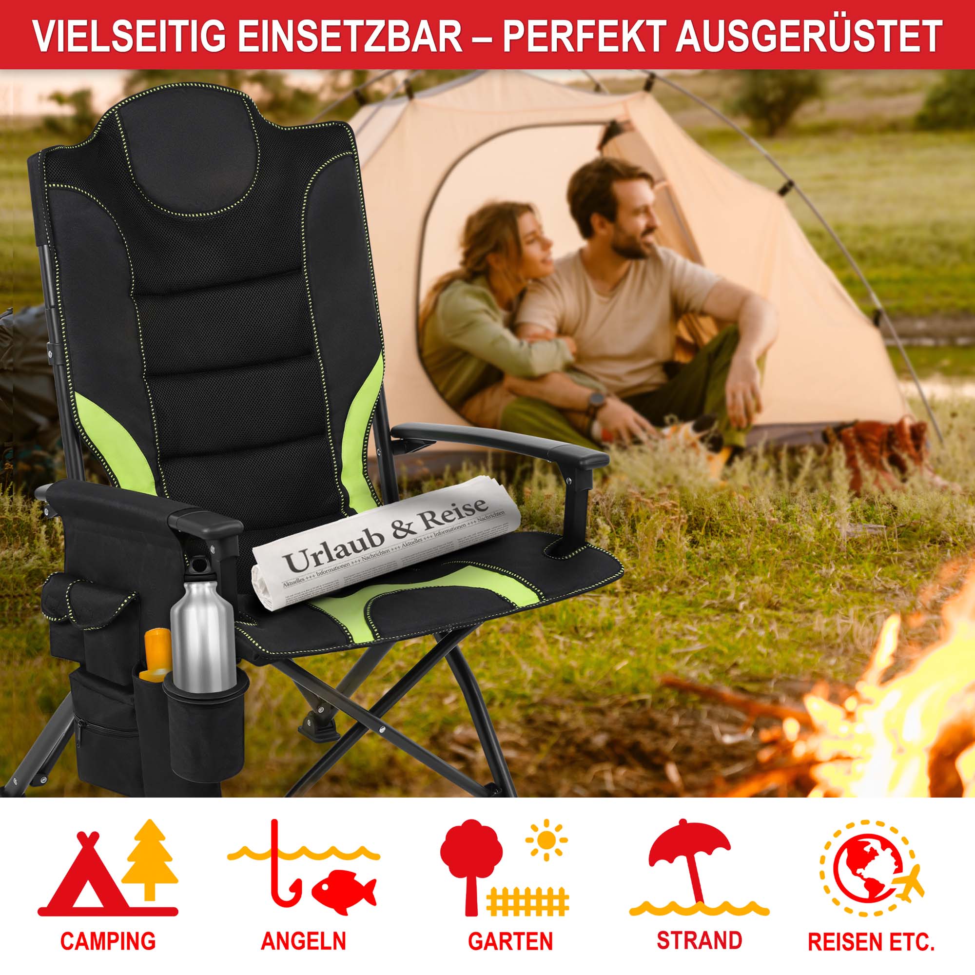 Campingstuhl Schwarz-Gruen für Camping Angeln Garten Strand und vieles mehr