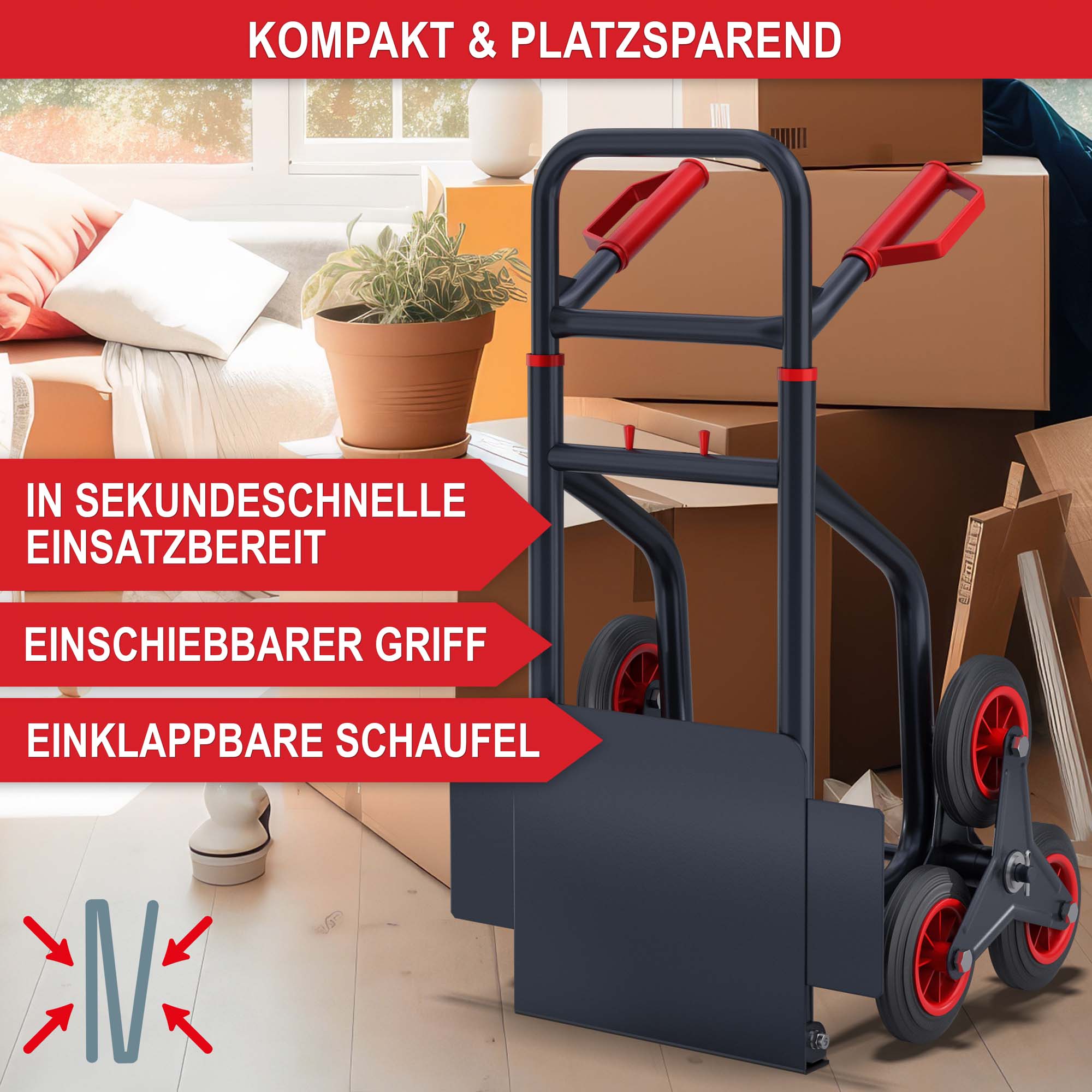 Treppensackkarre - kompakt & platzsparend - in Sekundenschnelle einsatzbereit - einschiebbarer Griff - einklappbare Schaufel - Transportkarre - Umzugshilfe - Lastenkarre