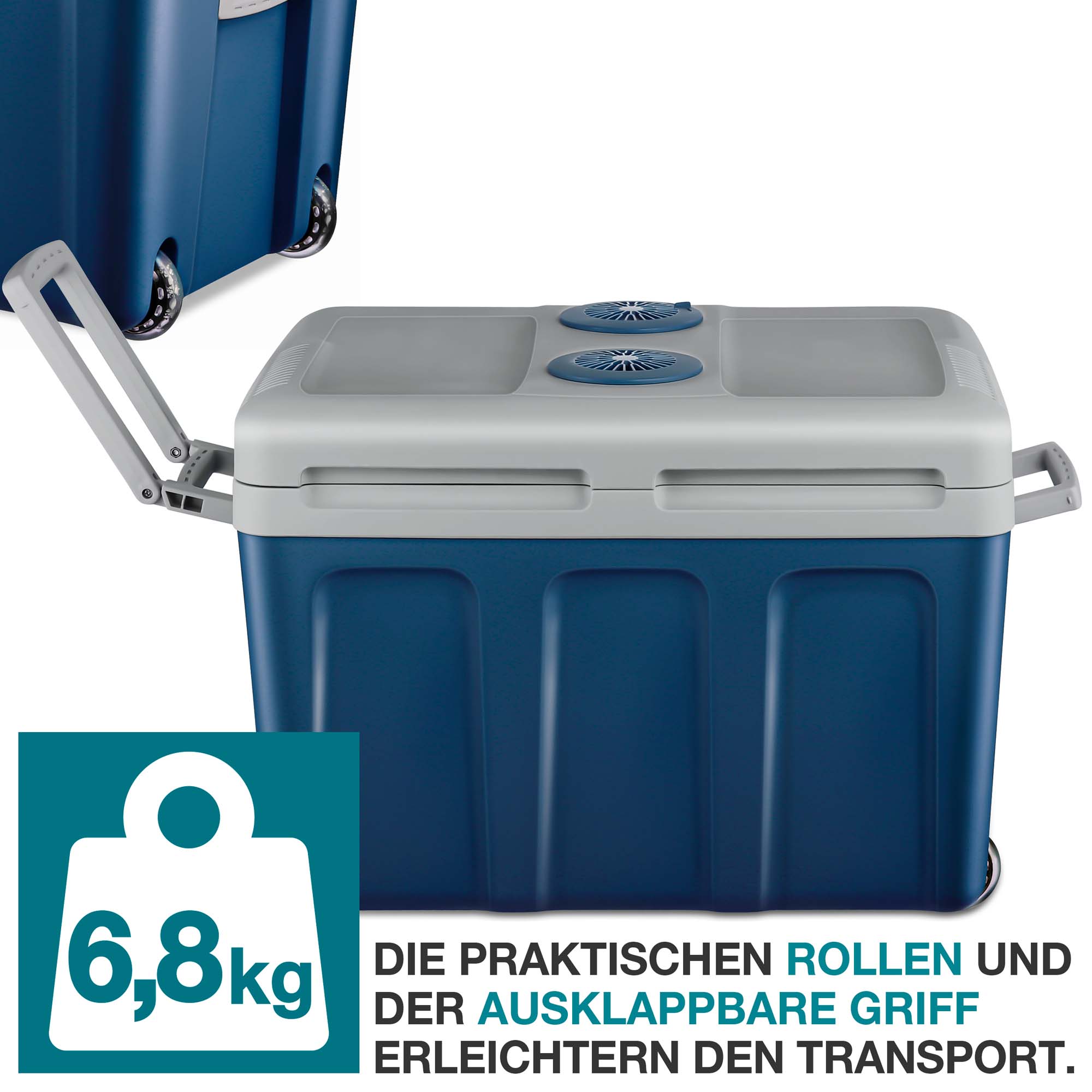 Kühlbox blau – Die praktischen Rollen und der ausklappbare Griff erleichtern den Transport. Transportbox – Thermobox – Isolierbox – Kühlcontainer – Tragbare Kühlung – Reisebox – Kältebox – Picknickbox – Outdoor-Kühlbox – Frischebox