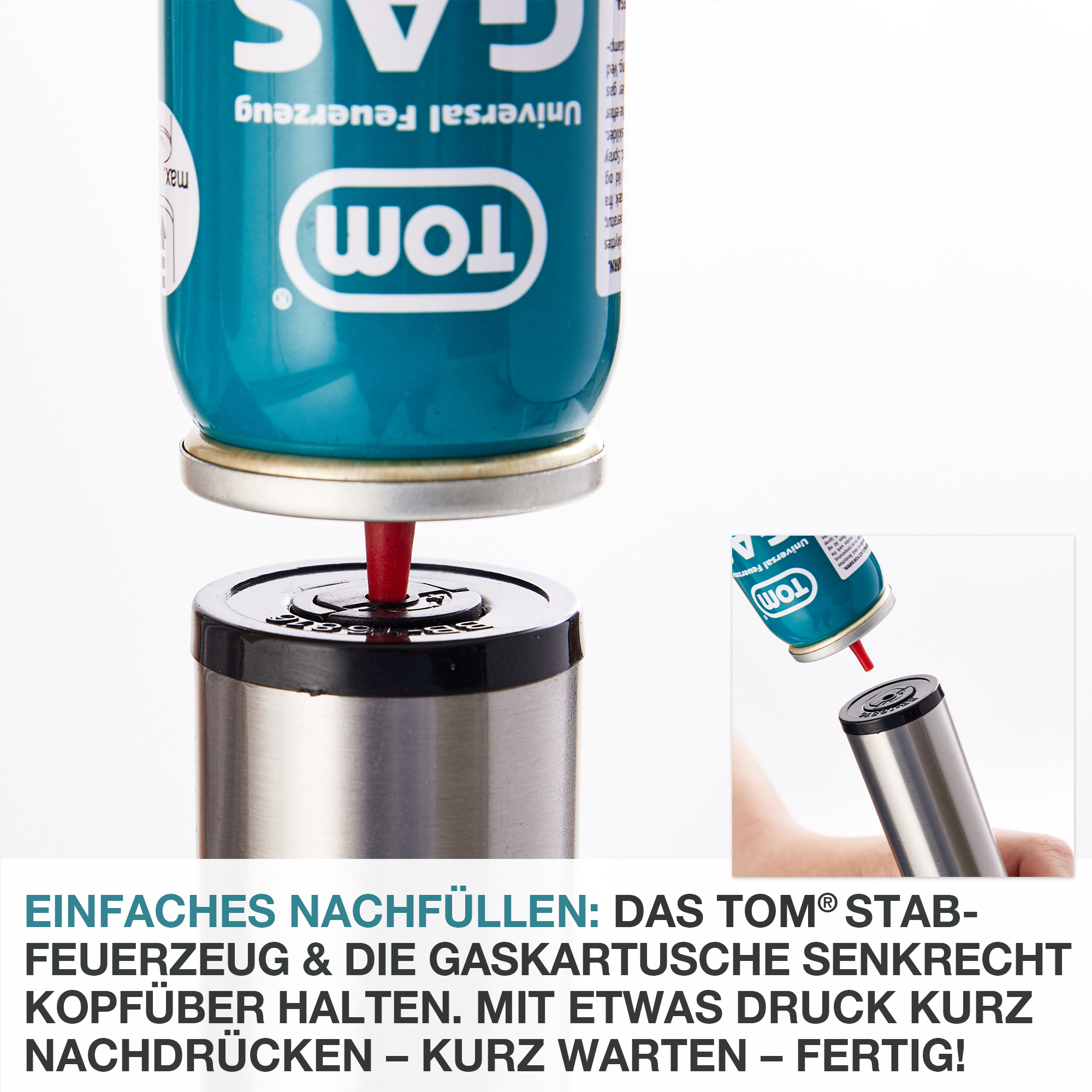 Einfaches Nachfüllen - Stabfeuerzeug und die Gaskartusche senkrecht - Zigarettenanzünder – Feueranzünder – Gasanzünder – Kaminanzünder – Stabfeuerzeug – Kerzenanzünder – Flammenwerfer – Zündgerät – Streichholzersatz