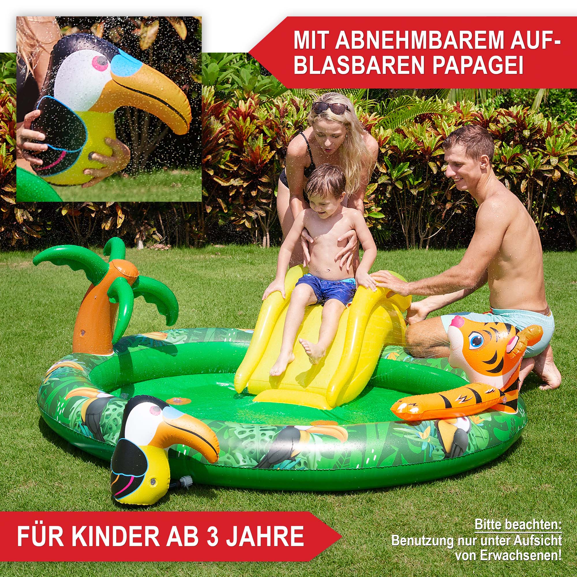 Planschbecken mit aufblasbarem Papagei und Wasserrutsche für Kinder