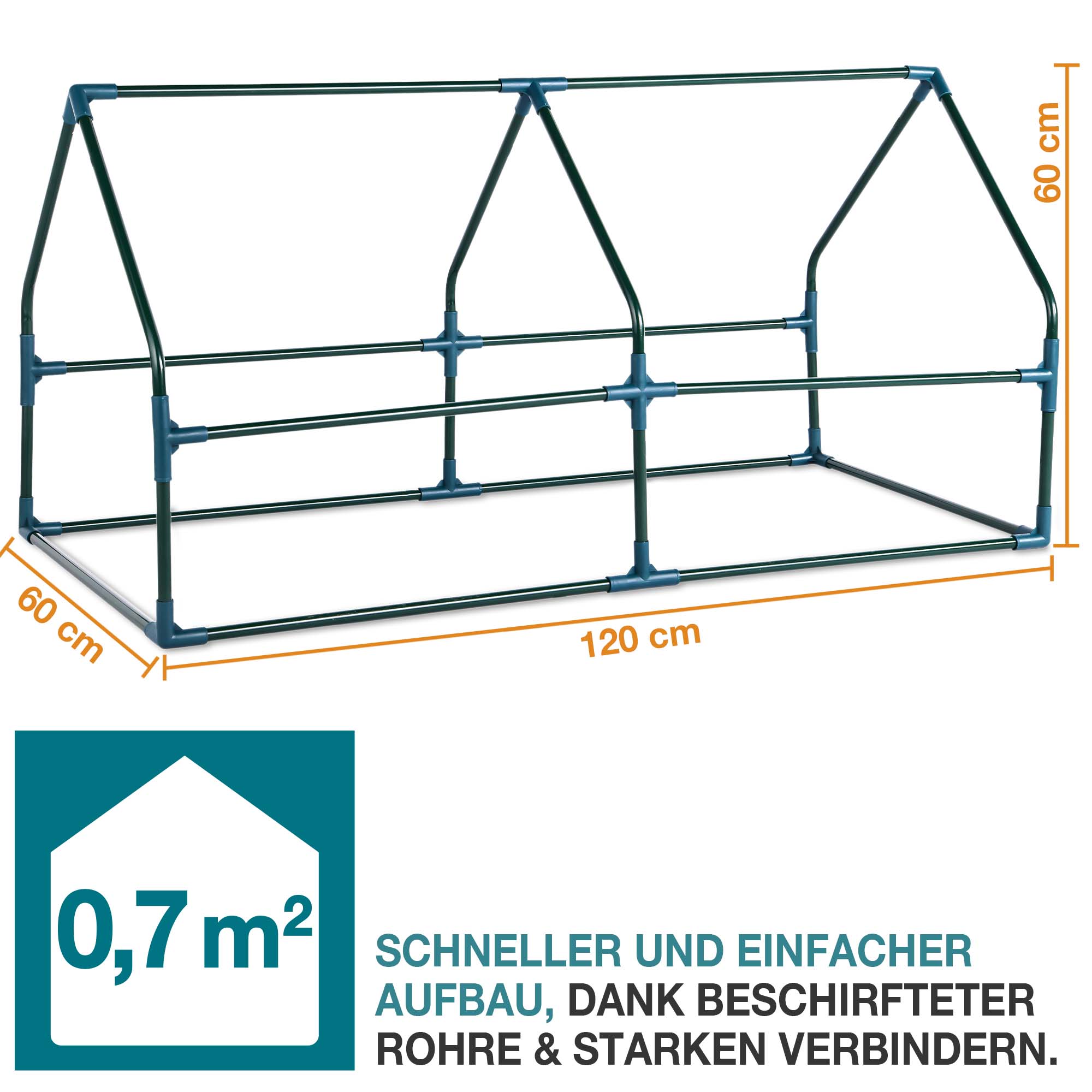 Gewächshaus GH-72 mit einer Fläche von 0,7 qm schneller und einfacher Aufbau dank beschrifteter Rohre und starken Verbindern