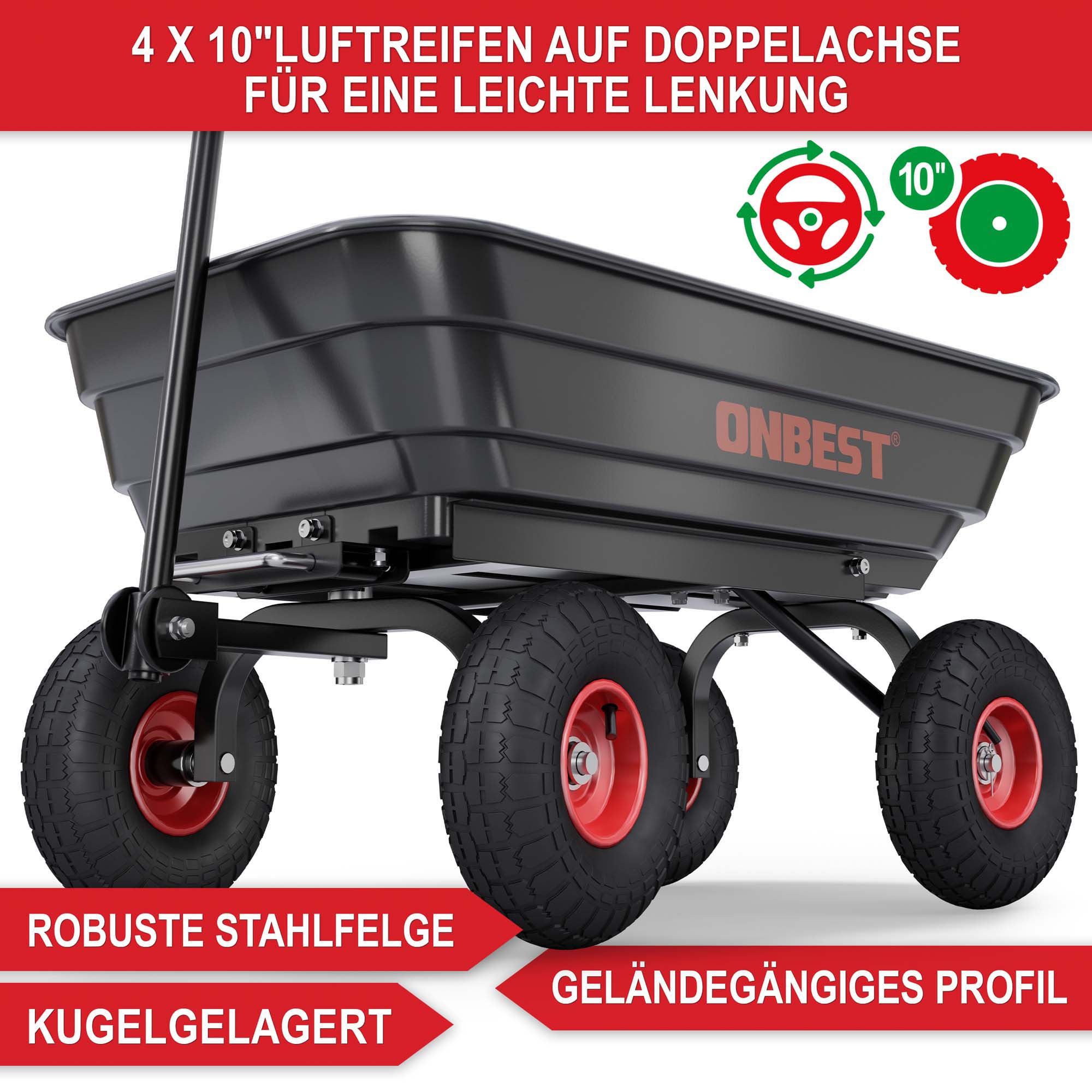 ONBEST Gartenwagen mit 4 x 10 Zoll Luftreifen auf Doppelachse für leichte Lenkung robuste Stahlfelge kugelgelagert geländegängiges Profil