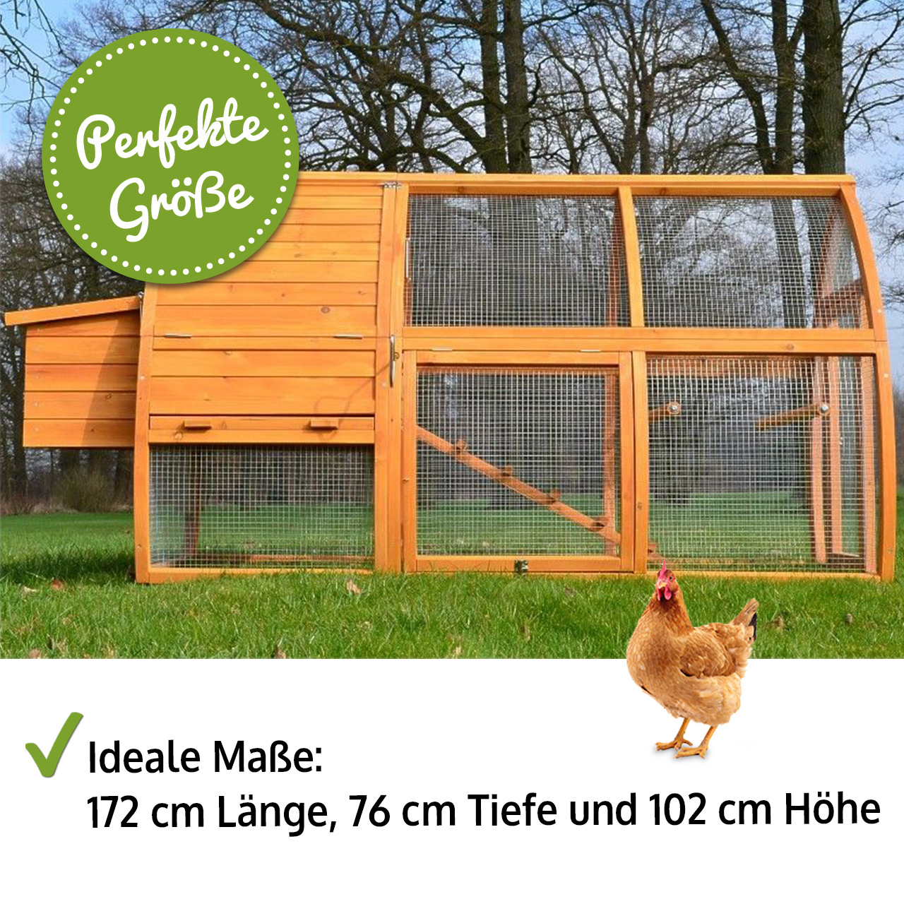 Perfekte Größe Die Hühnervoliere Superhenne bietet mit den Maßen 172 cm Länge 76 cm Tiefe und 102 cm Höhe ausreichend Platz für deine Hühner und passt perfekt in deinen Garten