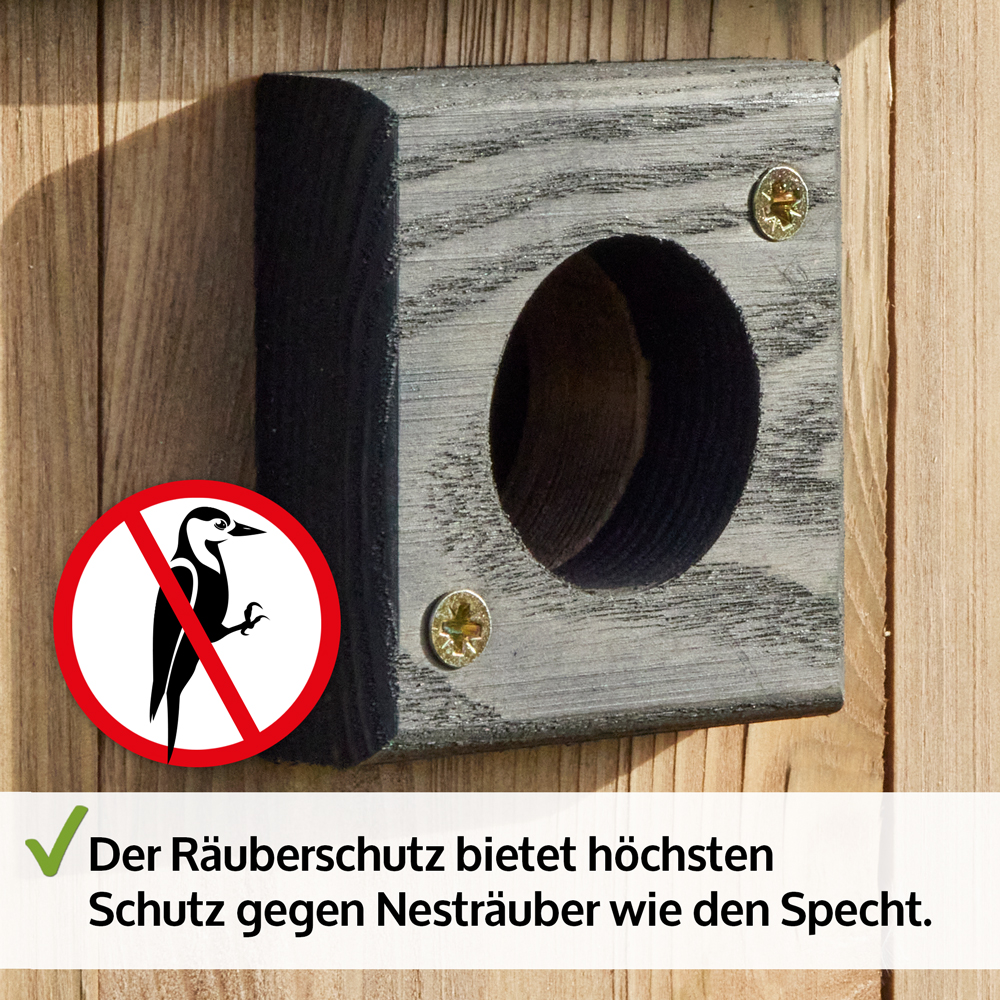 Der integrierte Räuberschutz schützt effektiv vor Nesträubern wie Spechten und sorgt für die Sicherheit der Vögel im Nistkasten