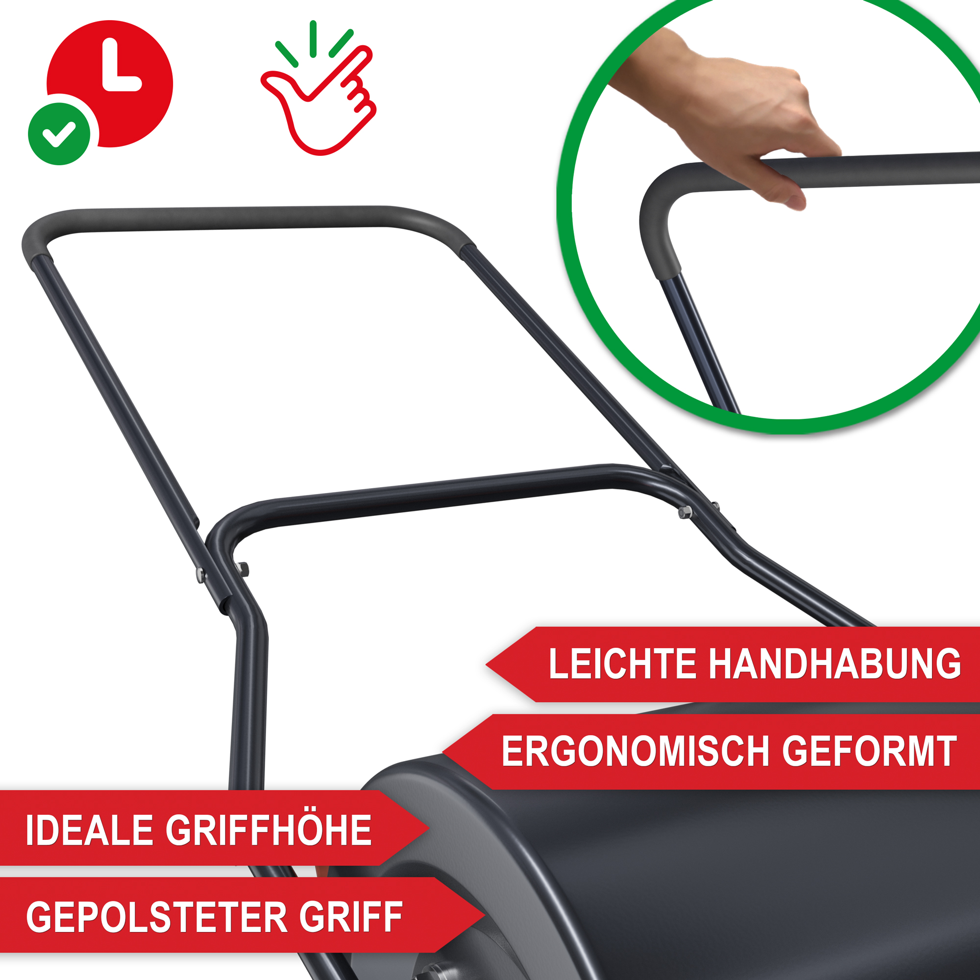 Rasenwalze mit ergonomisch geformtem Griff leichte Handhabung ideale Griffhöhe gepolsterter Griff