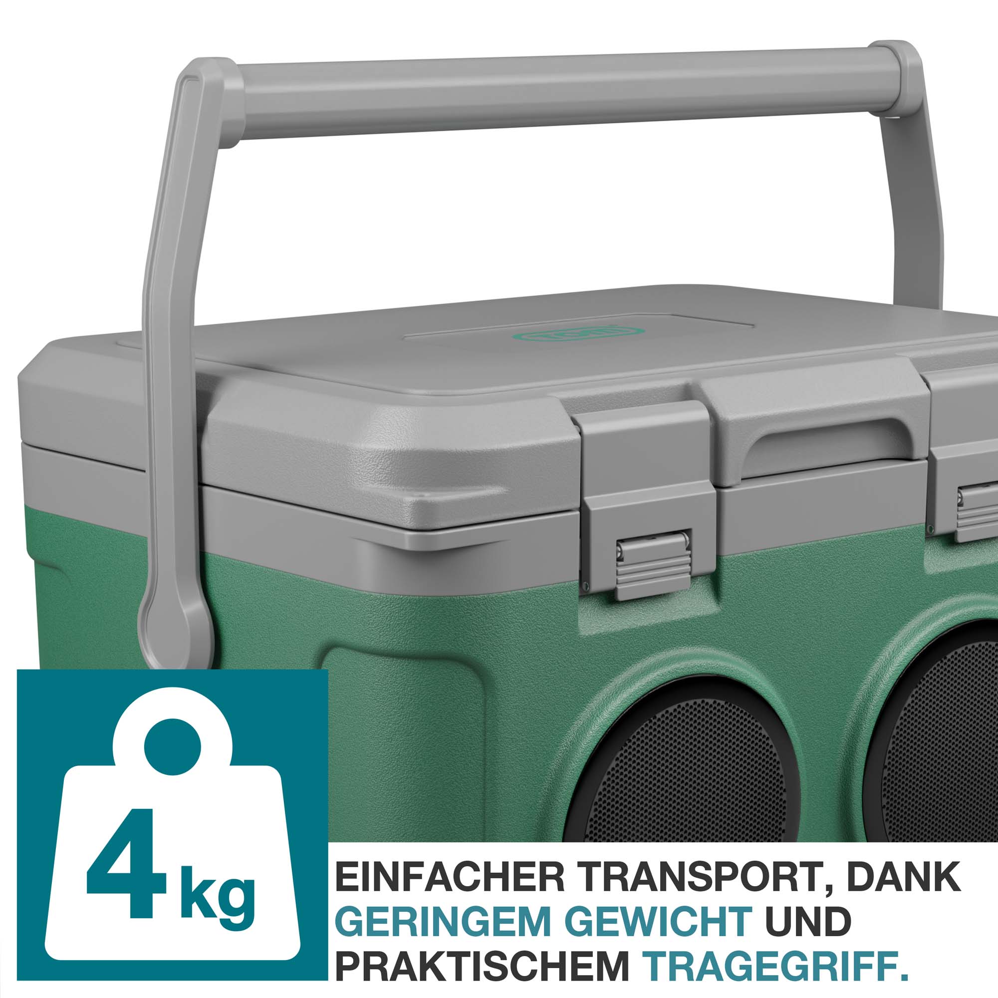 Musikkuehlbox gruen - 4 kg Gewicht - einfacher Transport - Praktischer Tragegriff - Camping - Outdoor