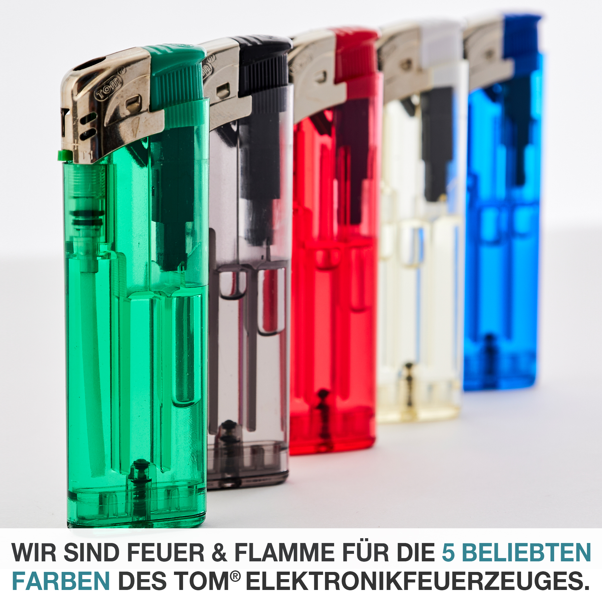 Elektronische Feuerzeuge von TOM - Feueranzünder in fünf beliebten Farben - Praktische Zündgeräte - Robuste Feuerzeuge - Elektronischer Zünder - Zuverlässige Flammenwerfer - Komfortable Handhabung