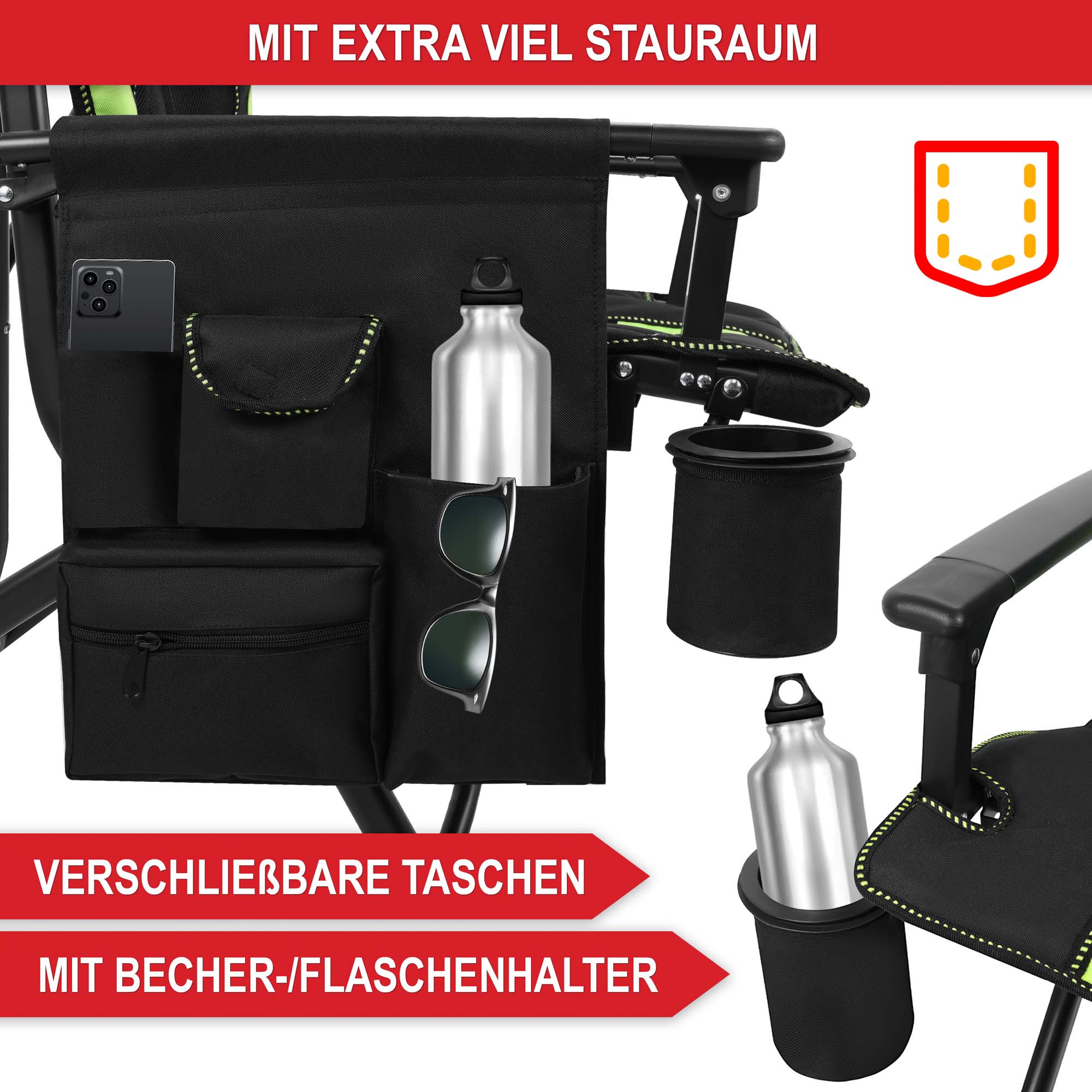 Campingstuhl Schwarz-Grün mit extra viel Stauraum