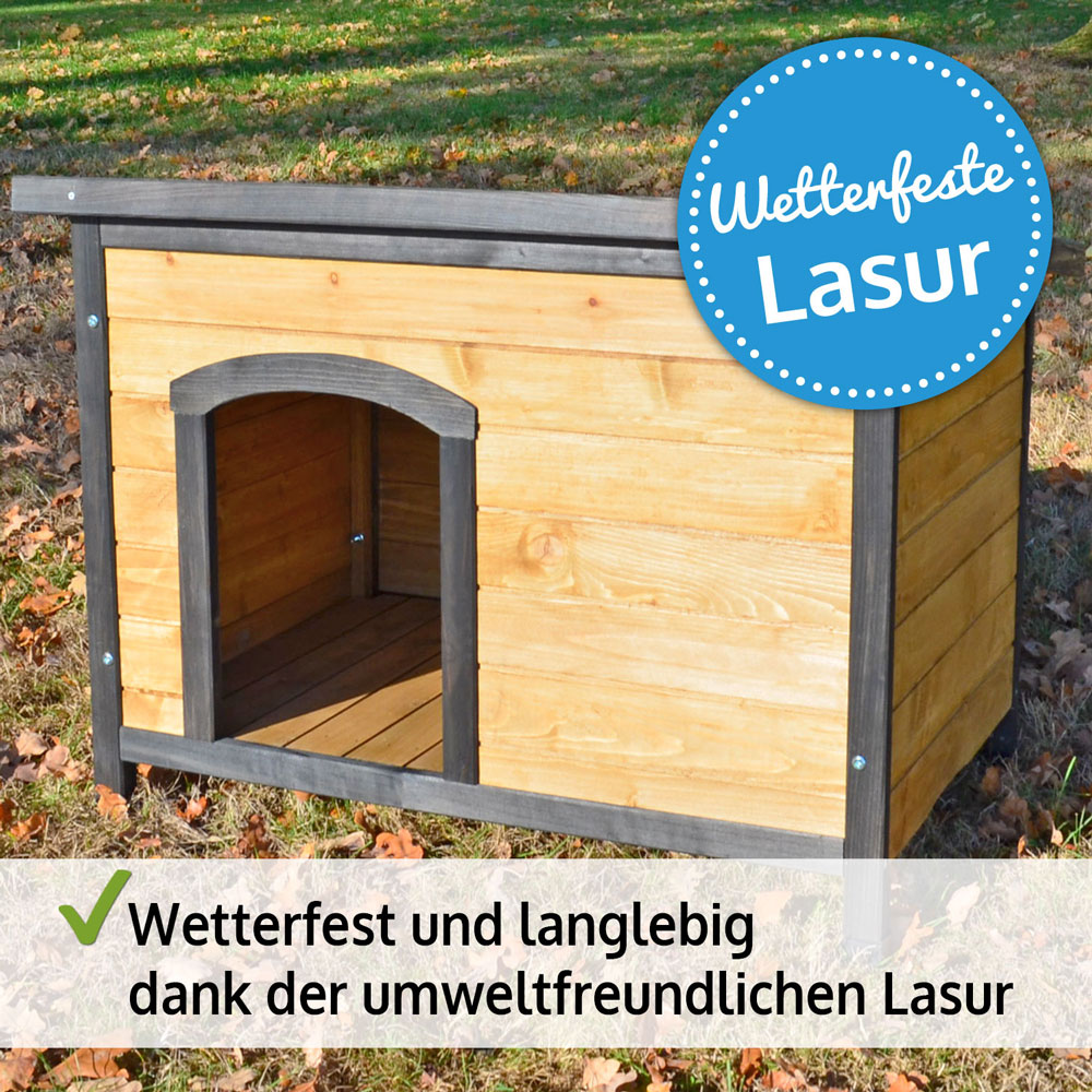 Die Hundehütte Carlo ist wetterfest und langlebig dank der umweltfreundlichen Lasur