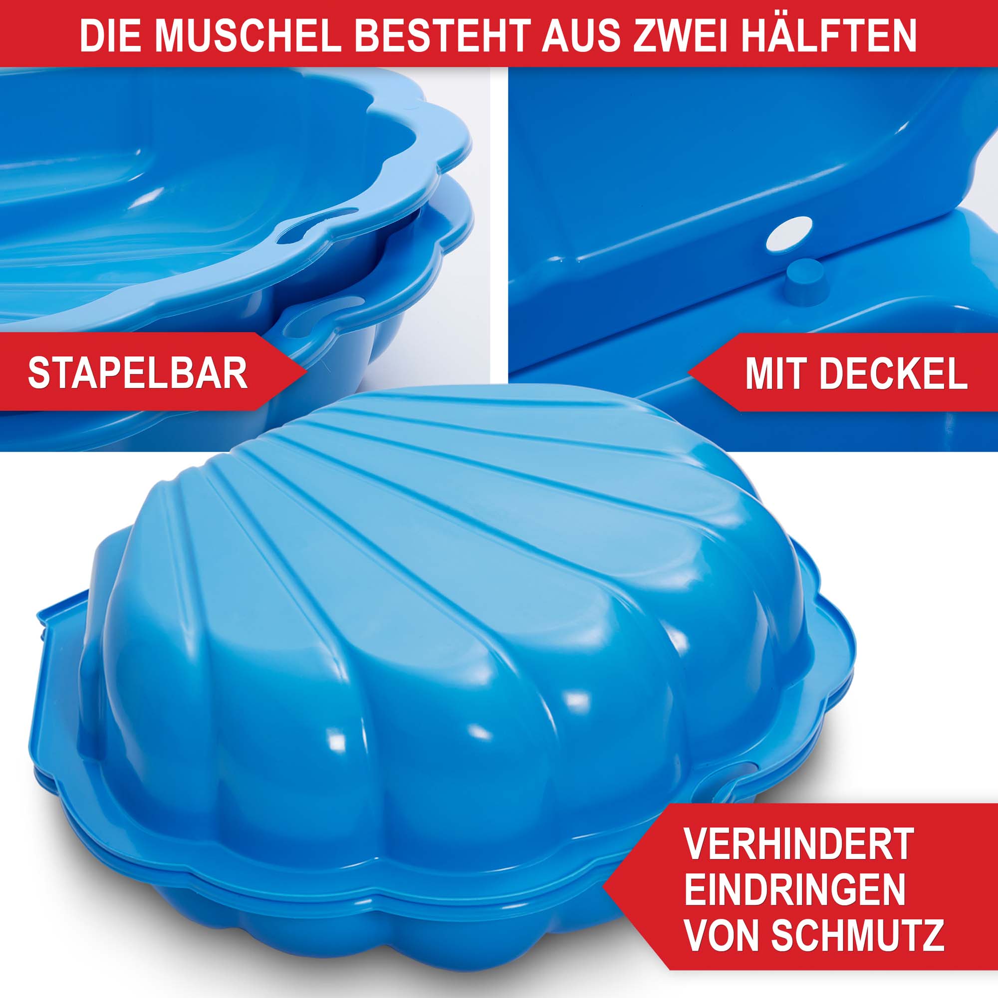 Sandkasten Muschel blau - stapelbar - mit Deckel - verhindert Eindringen von Schmutz - Sandkasten - Kinderspielzeug - Outdoor-Spielzeug - Sandmuschel - wetterfest - Gartenspielzeug - doppelwandig