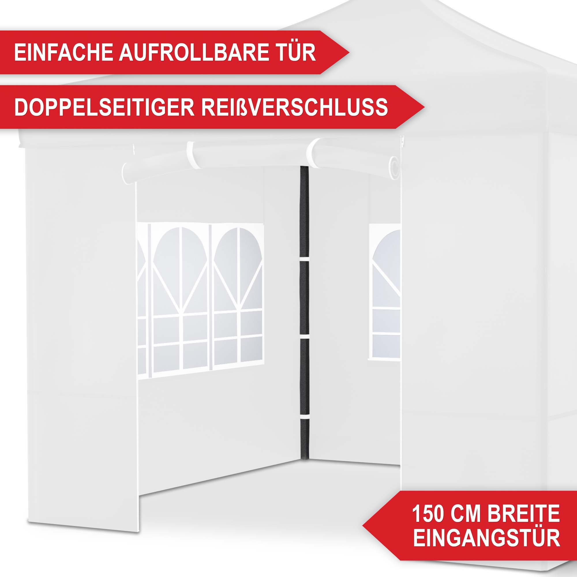 Einfache aufrollbare Tür - doppelseitiger Reißverschluss - 150 cm breite Eingangstür - Pavillon weiss - Schutzdach - Festzelt - Gartenpavillon - Zelt - Eventzelt - Partyzelt - Regenschutz - Sonnenschutz - Überdachung