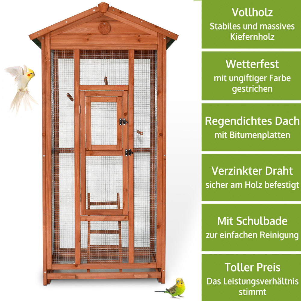 Vogelvoliere Modell L aus stabilem und massivem Kiefernholz mit verzinktem Draht und regendichtem Dach wetterfest gestrichen und mit einer Schublade zur einfachen Reinigung ausgestattet