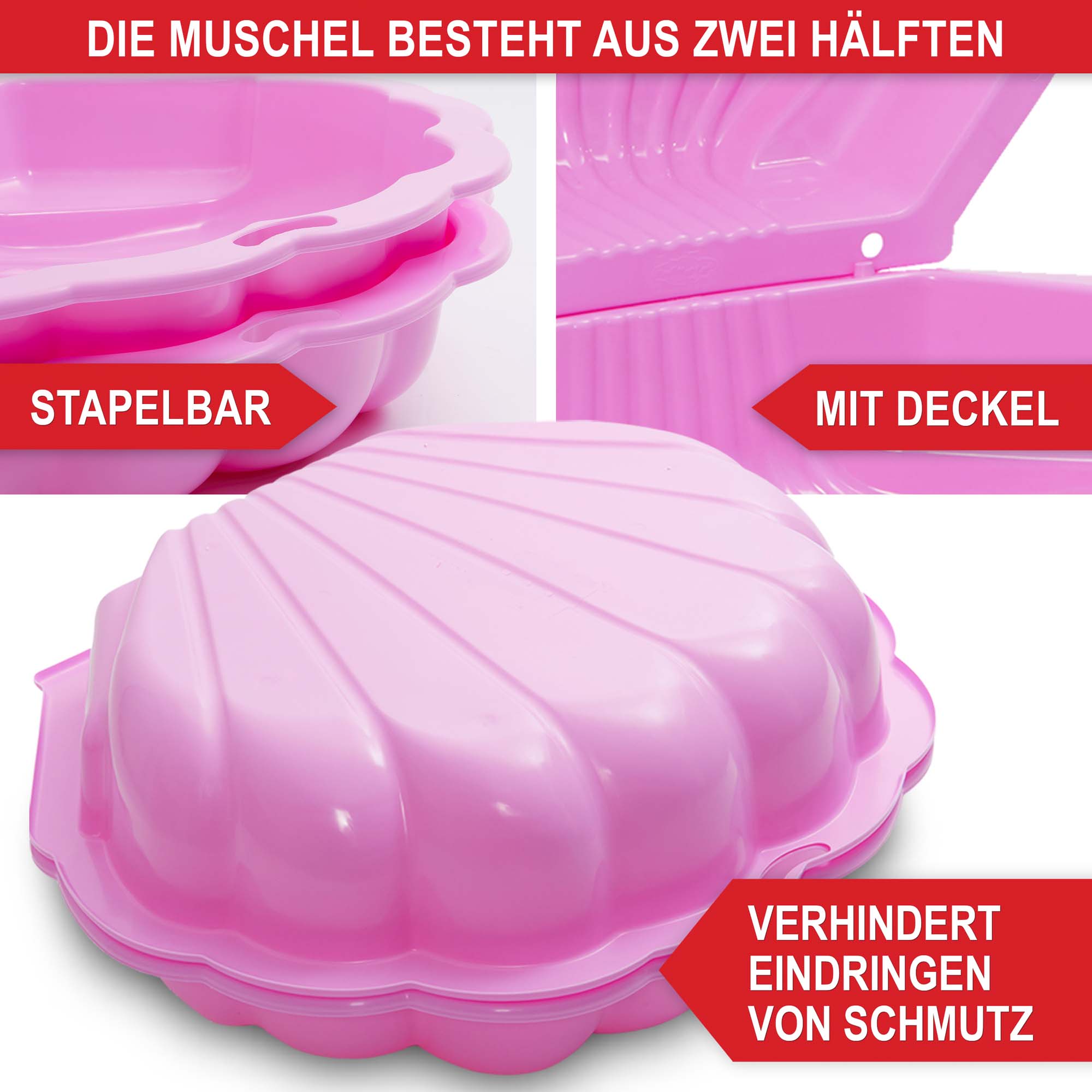 Sandkasten Muschel pink - stapelbar - mit Deckel - verhindert Eindringen von Schmutz - Sandkasten - Kinderspielzeug - Outdoor-Spielzeug - Sandmuschel - wetterfest - Gartenspielzeug - doppelwandig