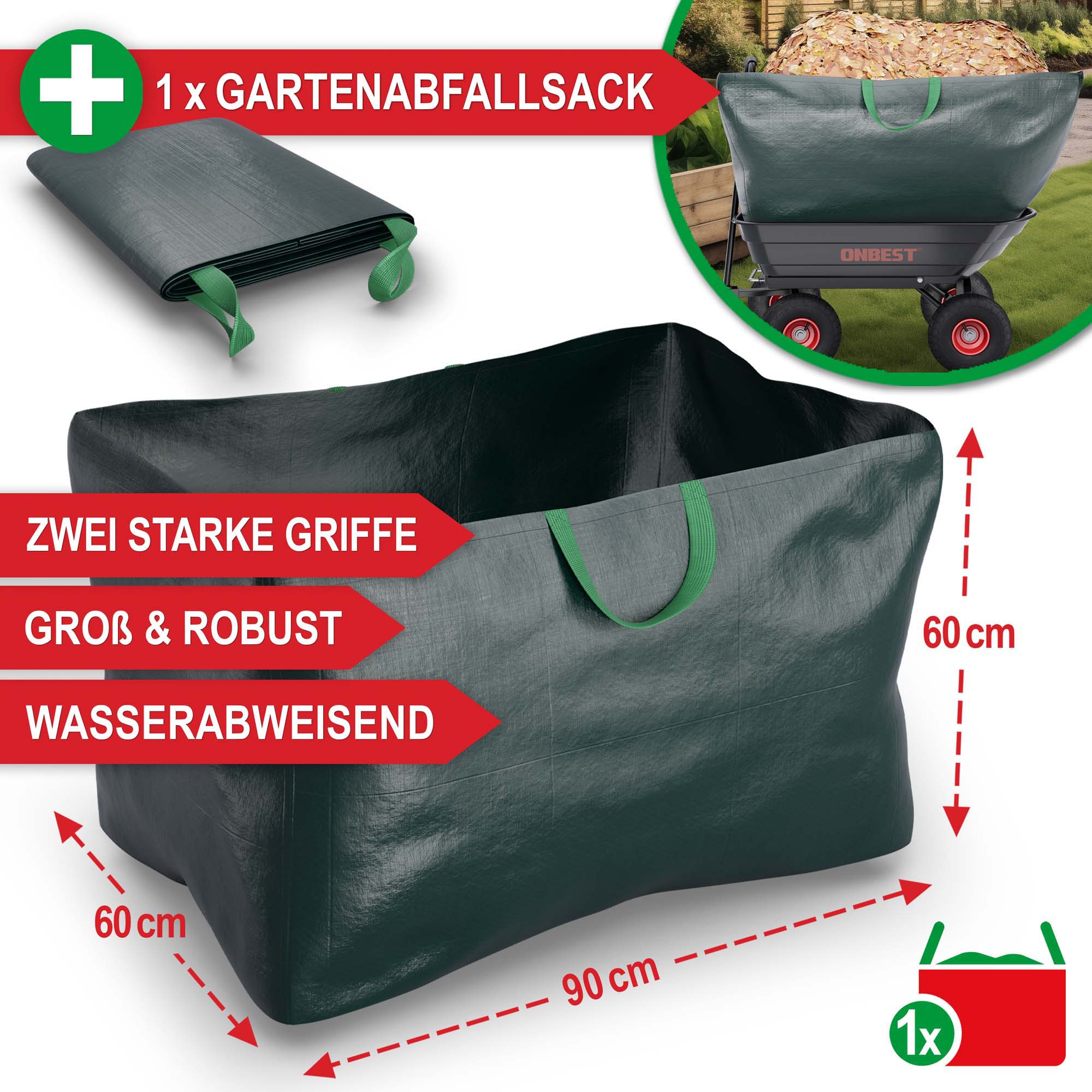 Gartenabfallsack mit zwei starken Griffen groß und robust wasserabweisend Maße 90 x 60 x 60 cm Gartenwagen