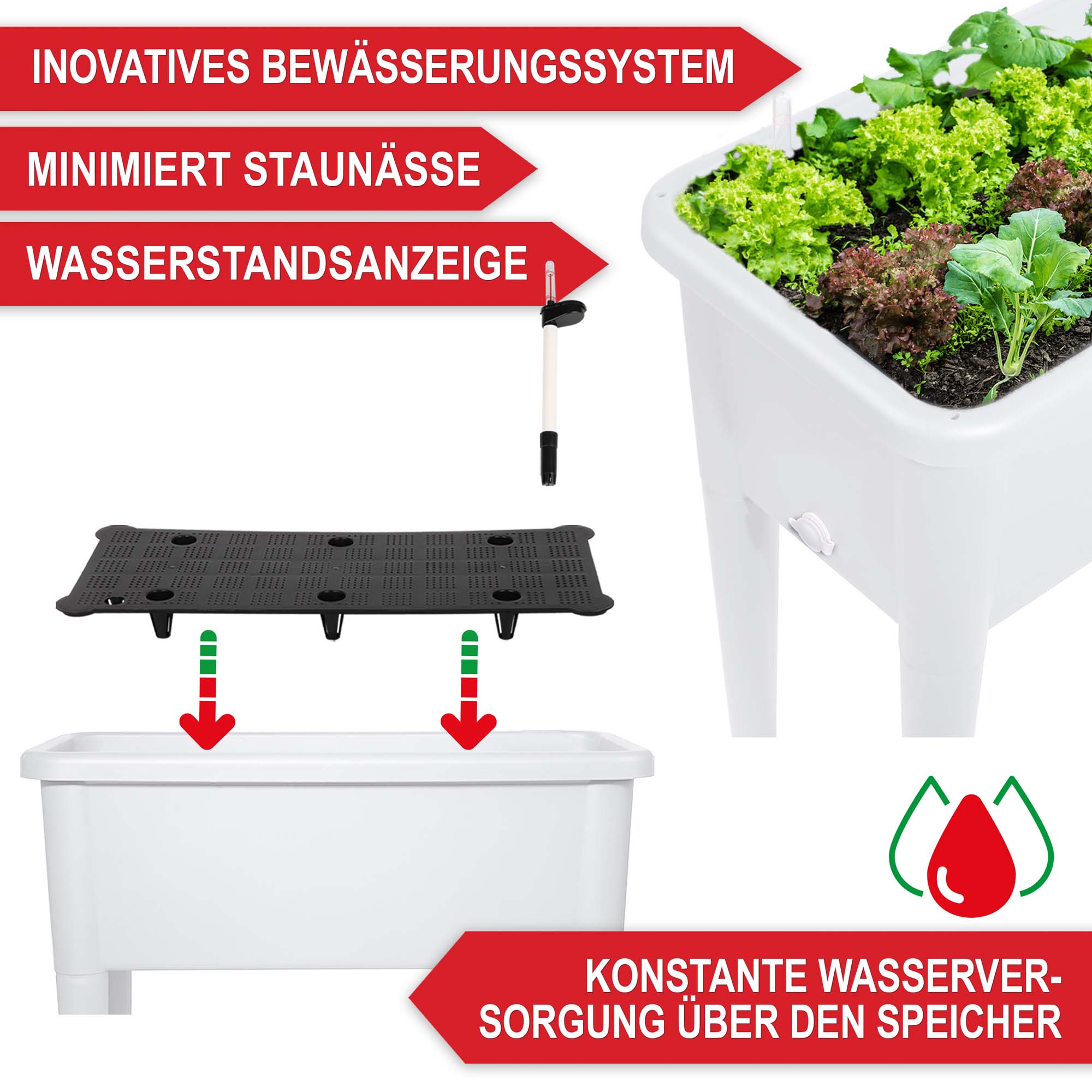 Hochbeet weiss mit Bewässerungssystem minimiert Staunässe Wasserstandsanzeige konstante Wasserversorgung