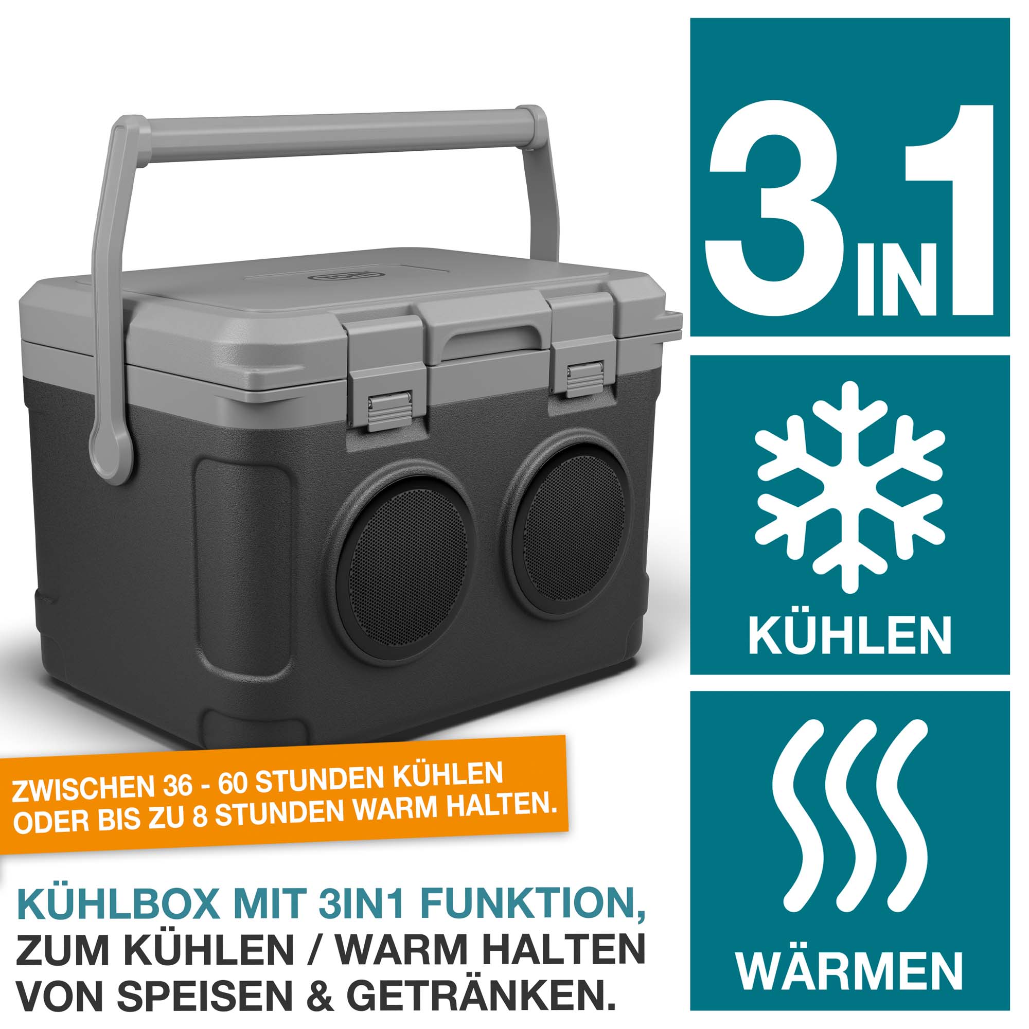 Kühlbox TOM schwarz – Mit der 3-in-1 Funktion können Speisen und Getränke bis zu 60 Stunden kühlen - Perfekt für Camping Outdoor-Aktivitäten und Reisen – Mobile Kühlbox – Warmhaltebox – Outdoor-Kühlgerät – Reise-Kühlbox