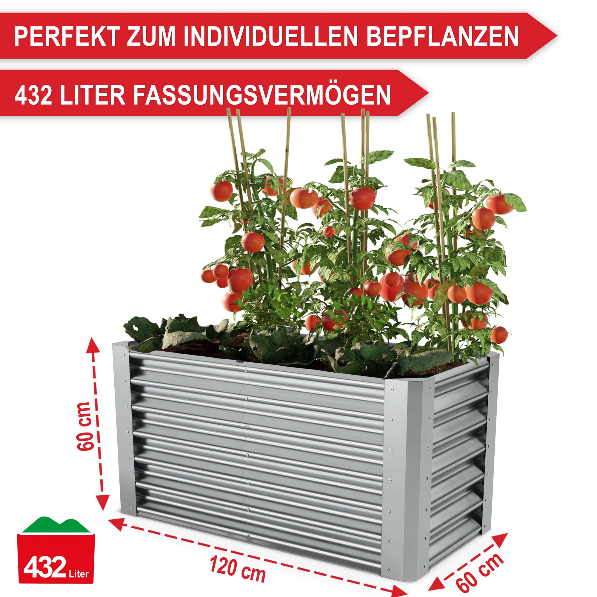 Perfekt zum individuellen Bepflanzen 432 Liter Fassungsvermögen 120 cm lang 60 cm breit 60 cm hoch