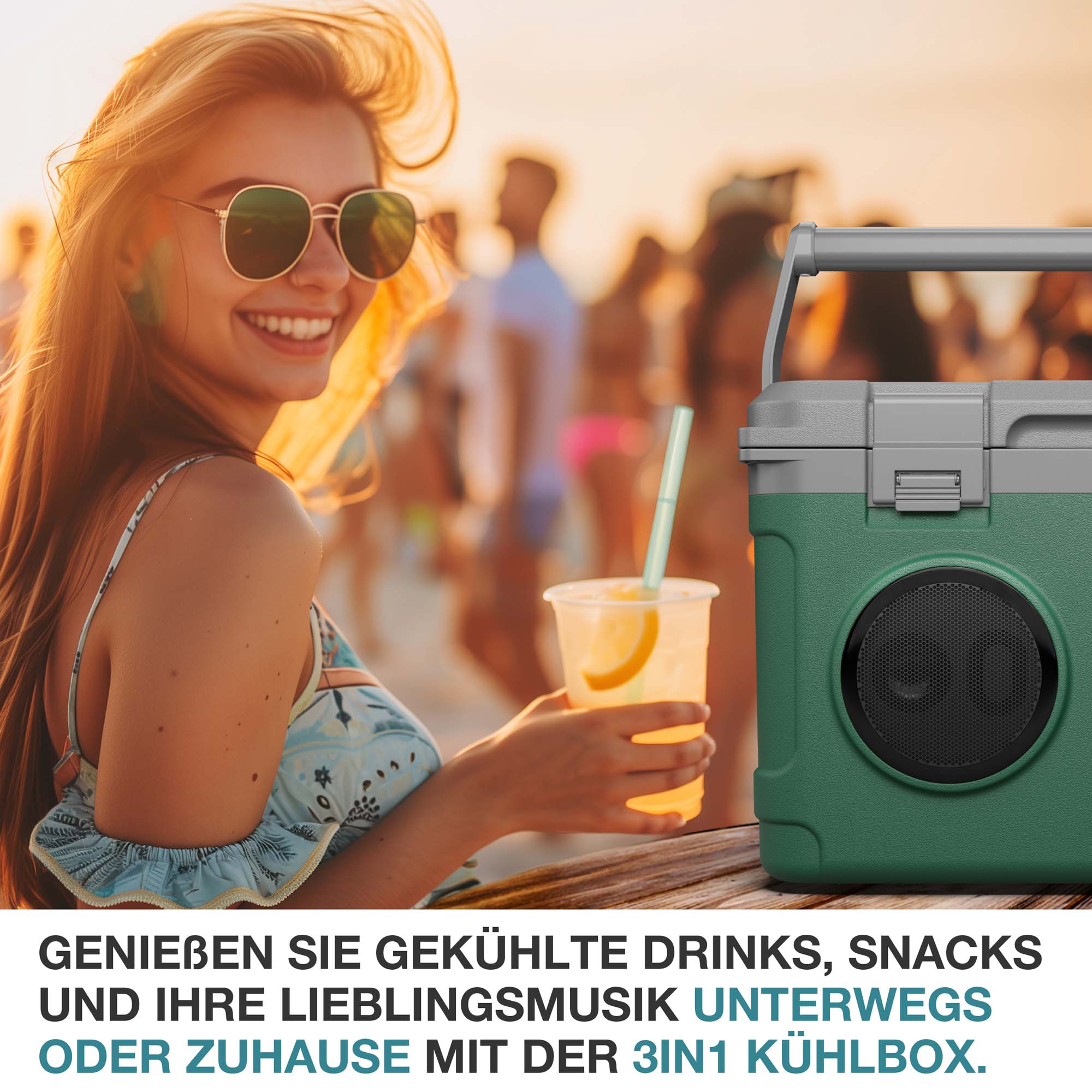 Genieße gekühlte Getränke und Snacks unterwegs oder zuhause 3in1 Kühlbox Grün ideal für jeden Anlass Musik und Erfrischungen immer dabei