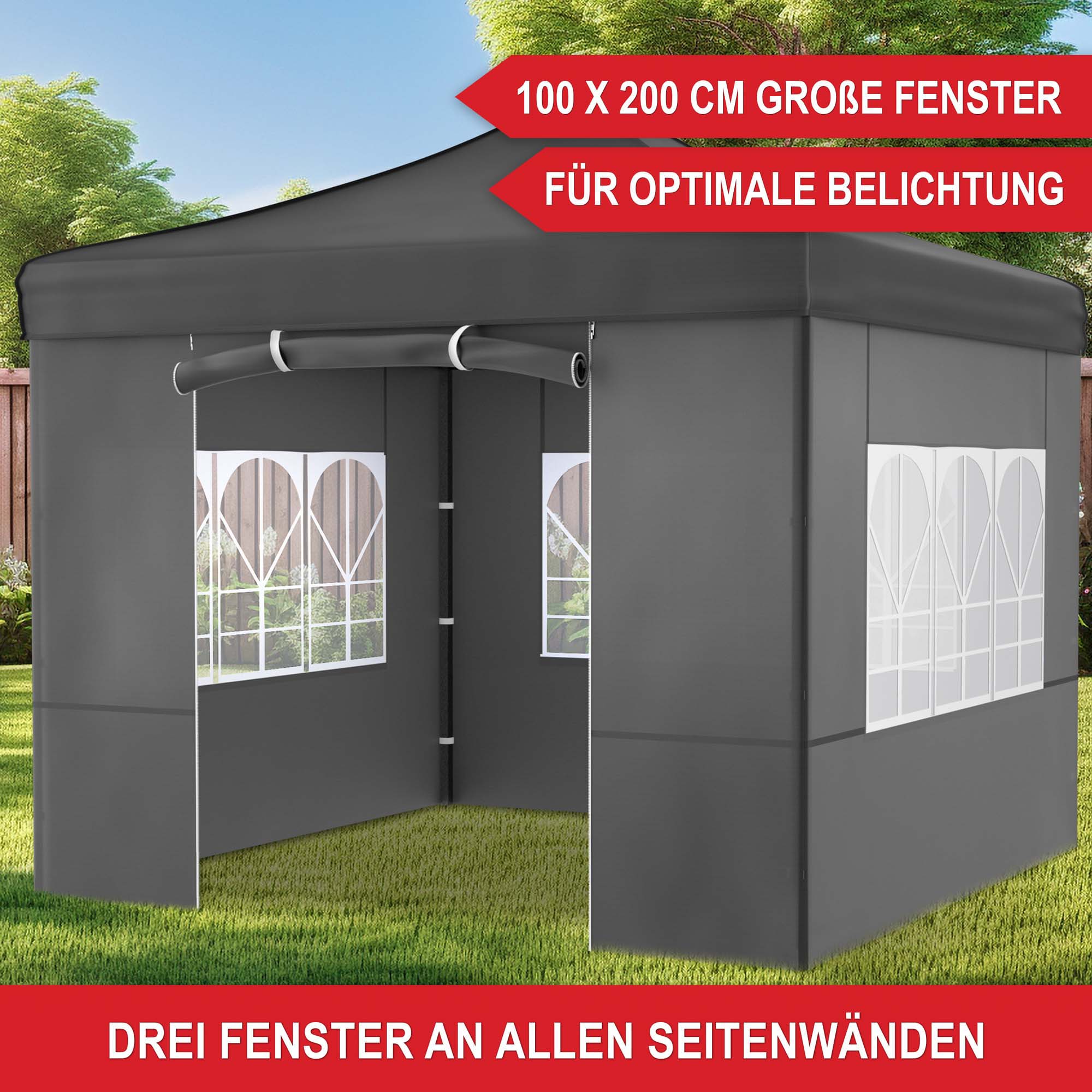 100 x 200 cm große Fenster - für optimale Belichtung - drei Fenster an allen Seitenwänden - Pavillon grau - Schutzdach - Festzelt - Gartenpavillon - Zelt - Eventzelt - Partyzelt - Regenschutz - Sonnenschutz - Überdachung