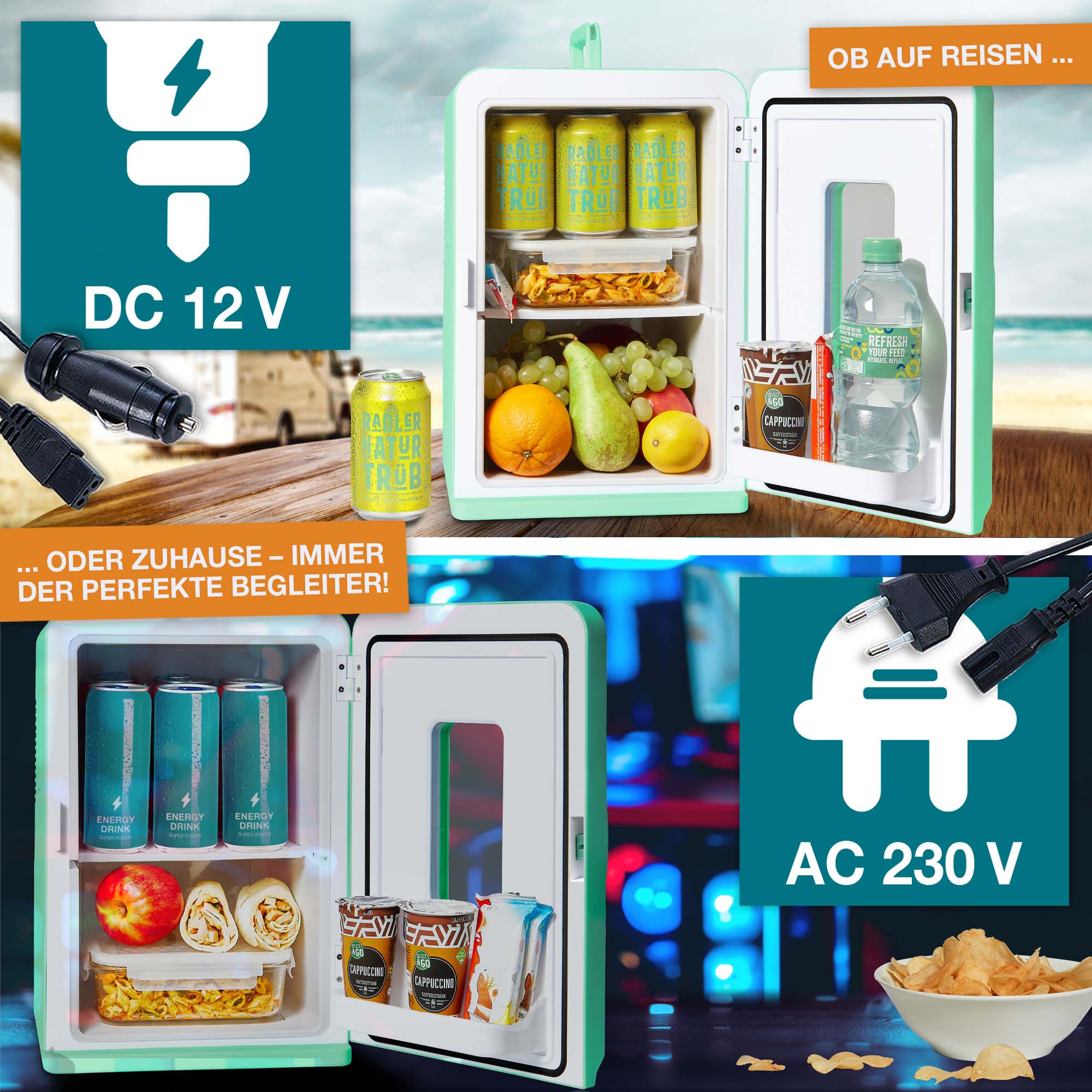 Mini-Kühlschrank Grün für Reisen und Zuhause funktioniert mit 12V DC und 230V AC für flexible Nutzung unterwegs oder daheim ideal für Getränke Snacks und Lebensmittel