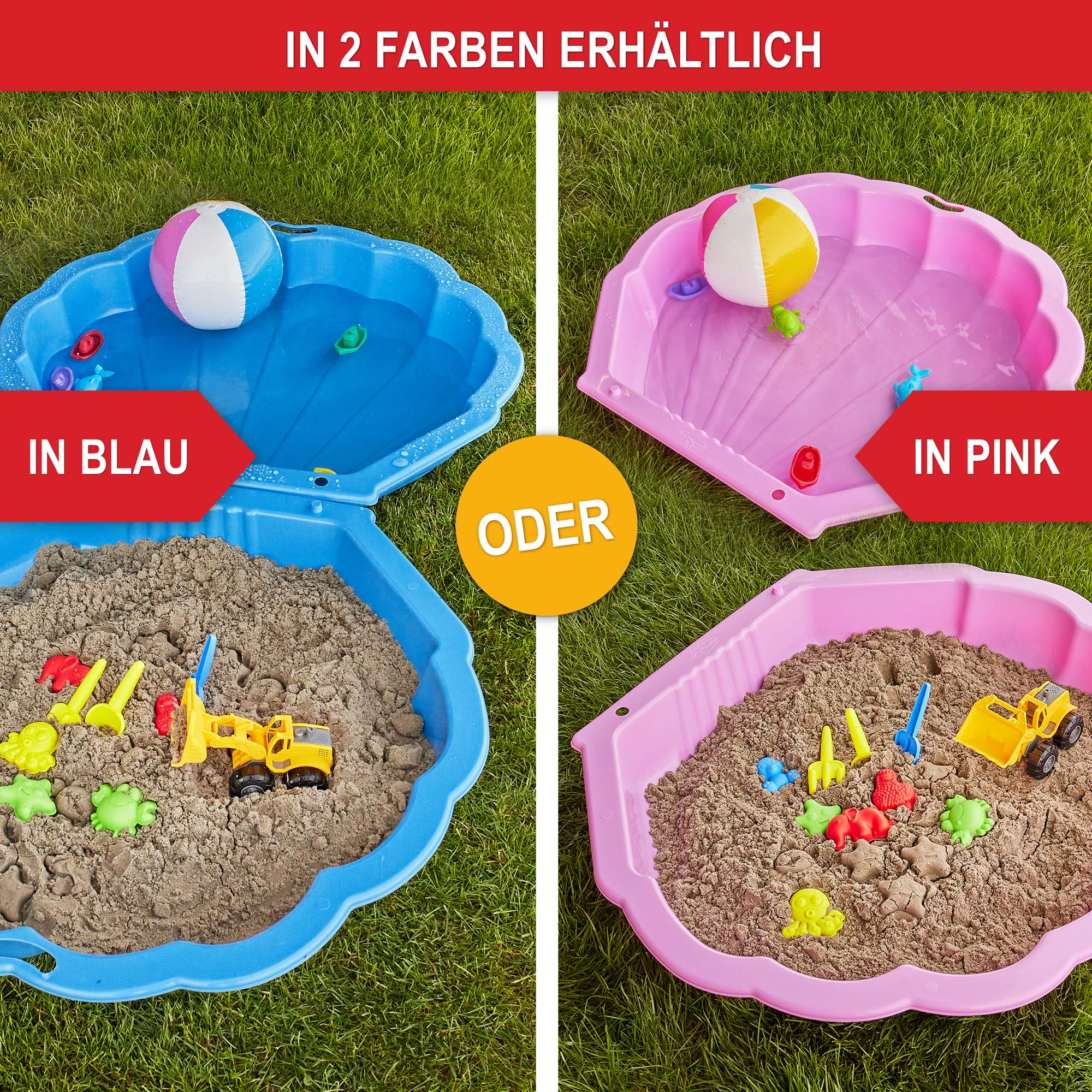 In 2 Farben erhältlich - in Blau oder in Pink - Sandkasten Muschel - wetterfest - ideal für Kinder ab 1 Jahr - gegen UV-Strahlen beständig - lange Lebensdauer - robustes Material - vielseitig einsetzbar