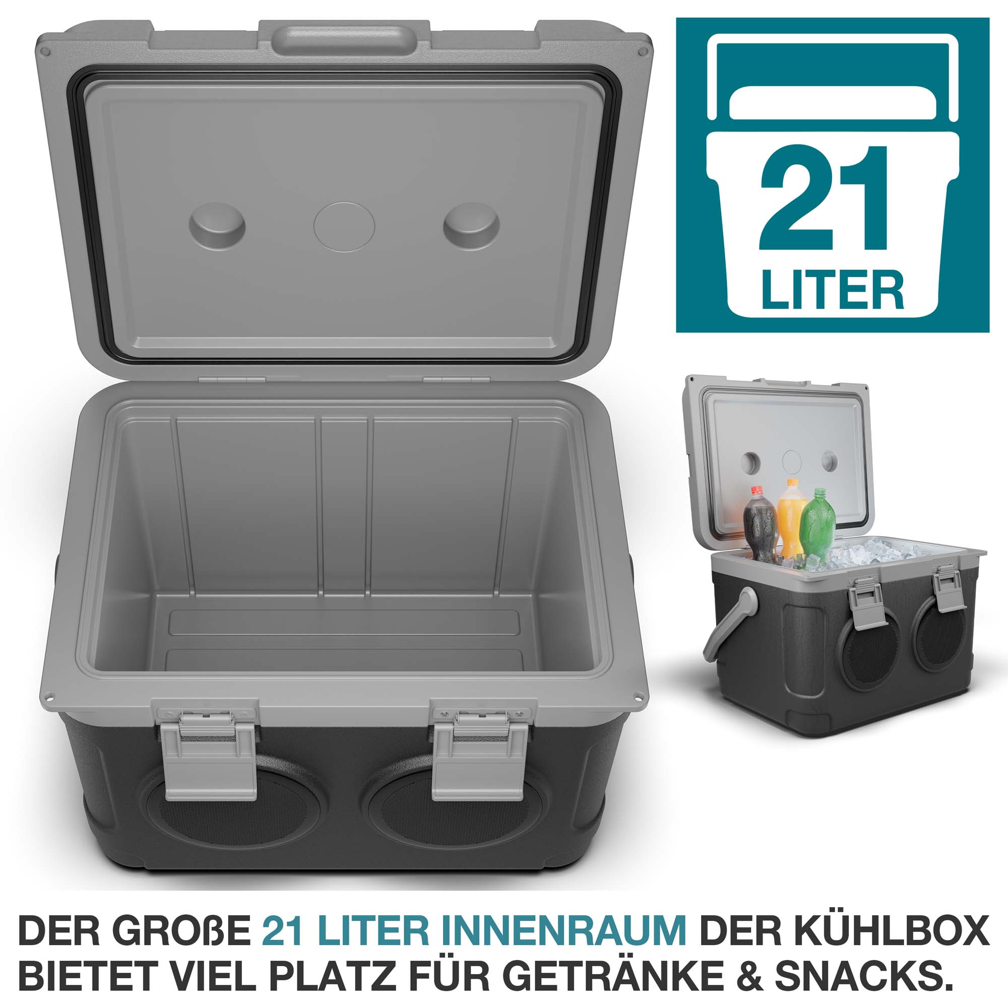 Musikkühlbox Schwarz - 21 Liter Fassungsvermögen – Großer Innenraum für Snacks und Getränke – Perfekt für unterwegs und Outdoor-Aktivitäten