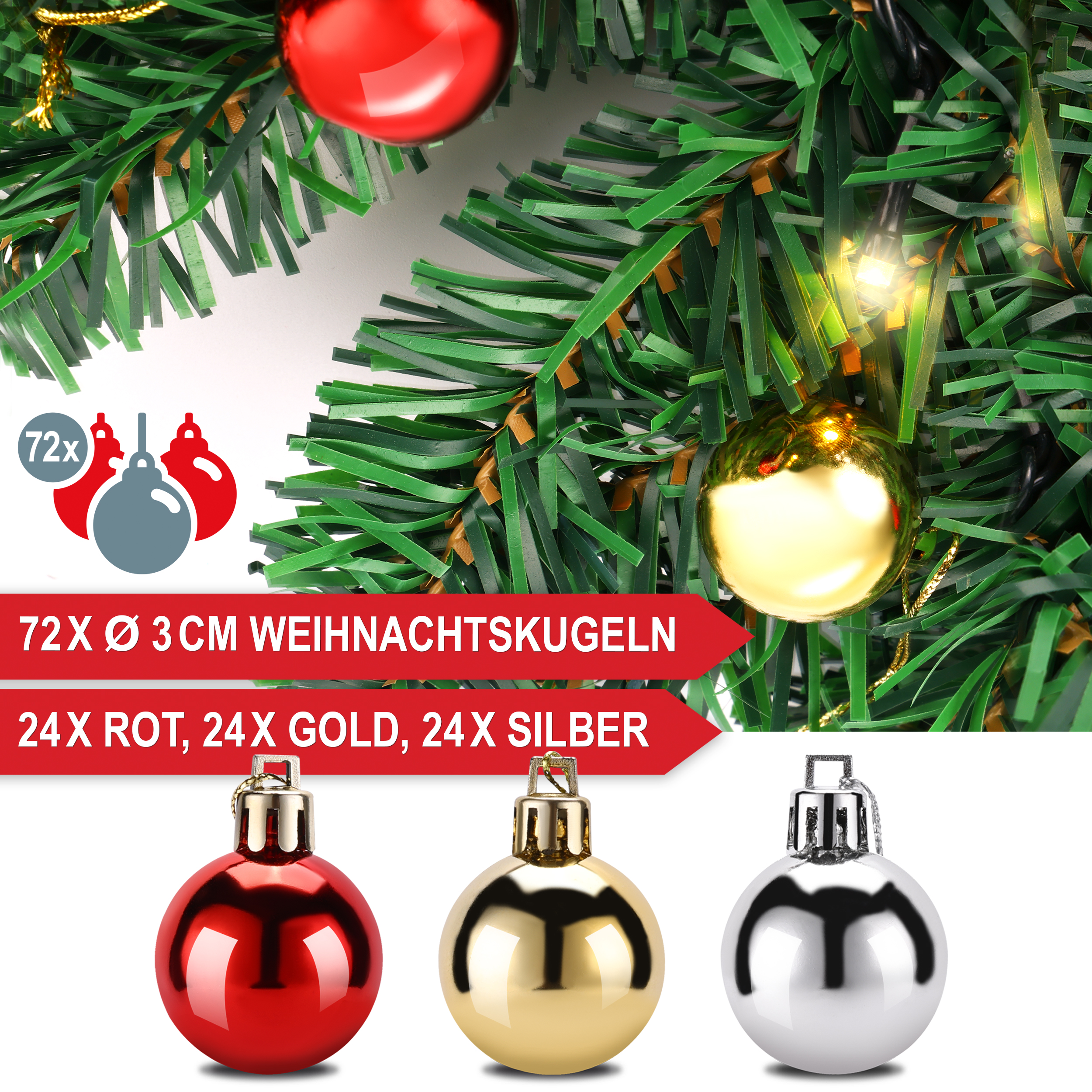 Weihnachtsgirlande - 36x Ø 3 cm Weihnachtskugeln - 12x Rot, 12x Gold, 12x Silber - Christbaumgirlande - Weihnachtsdekoration - Baumschmuck - Weihnachtsbaumkugeln - Festliche Dekoration - Baumgirlande