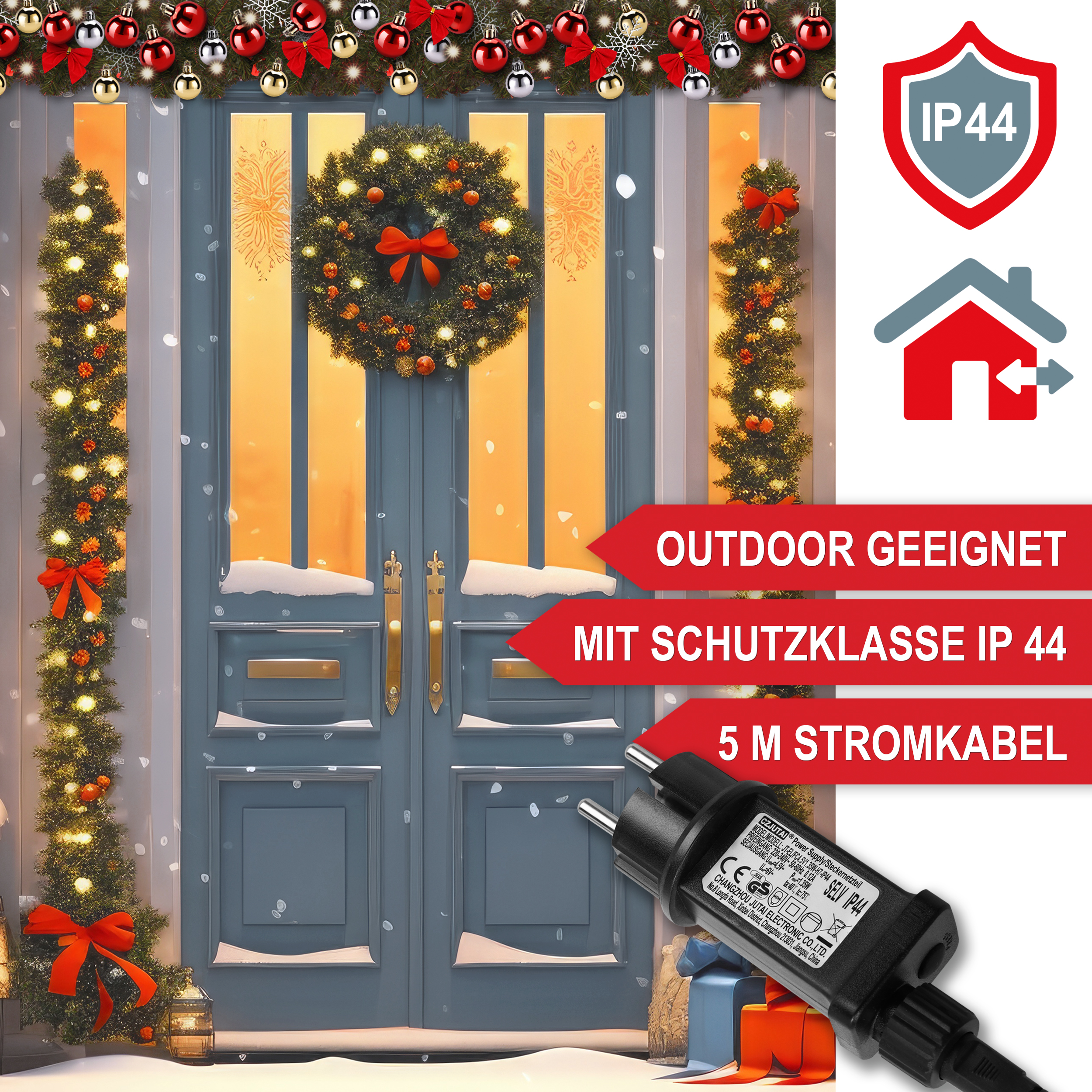 Weihnachtsgirlande - outdoor geeignet - mit Schutzklasse IP 44 - 5 m Stromkabel - Christbaumgirlande - Weihnachtsdekoration - Baumschmuck - Festliche Dekoration - Baumgirlande - Lichtergirlande - Dekogirlande