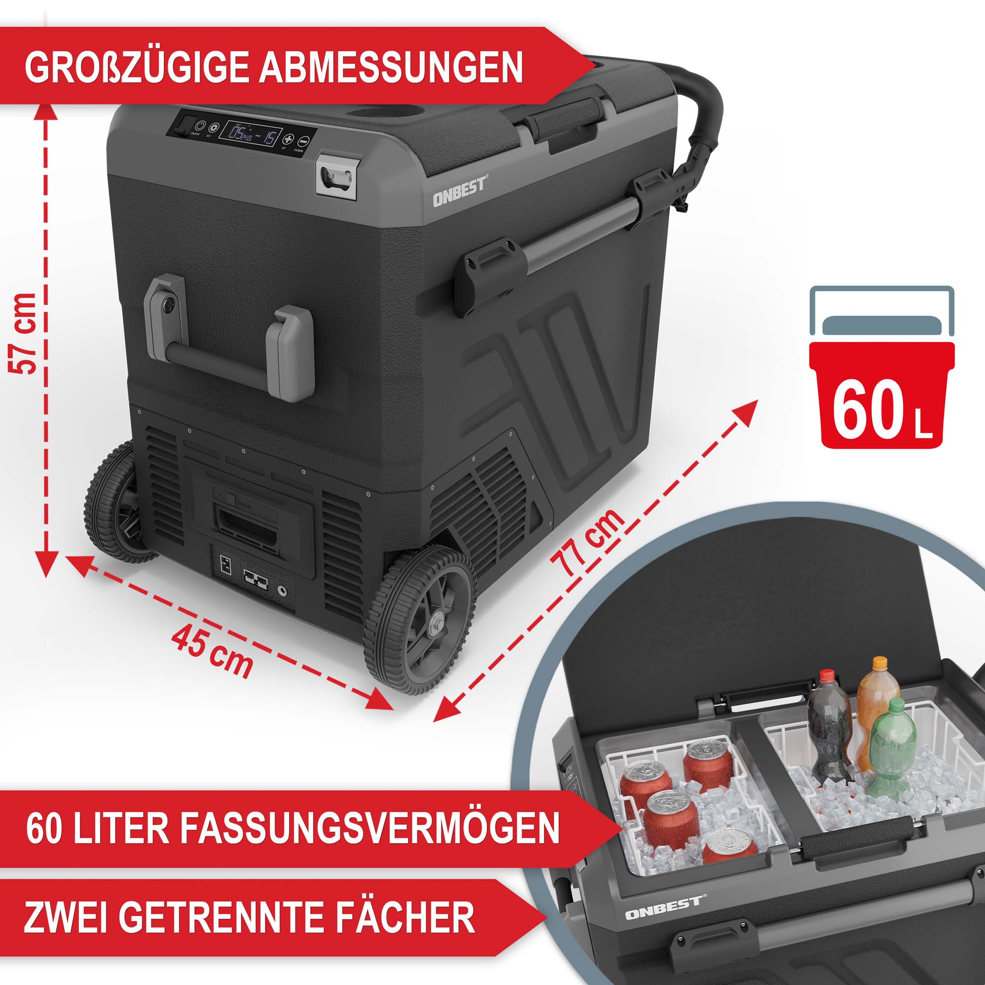 Geraeumige 60 Liter Kuehlbox mit getrennten Faechern und praktischen Abmessungen