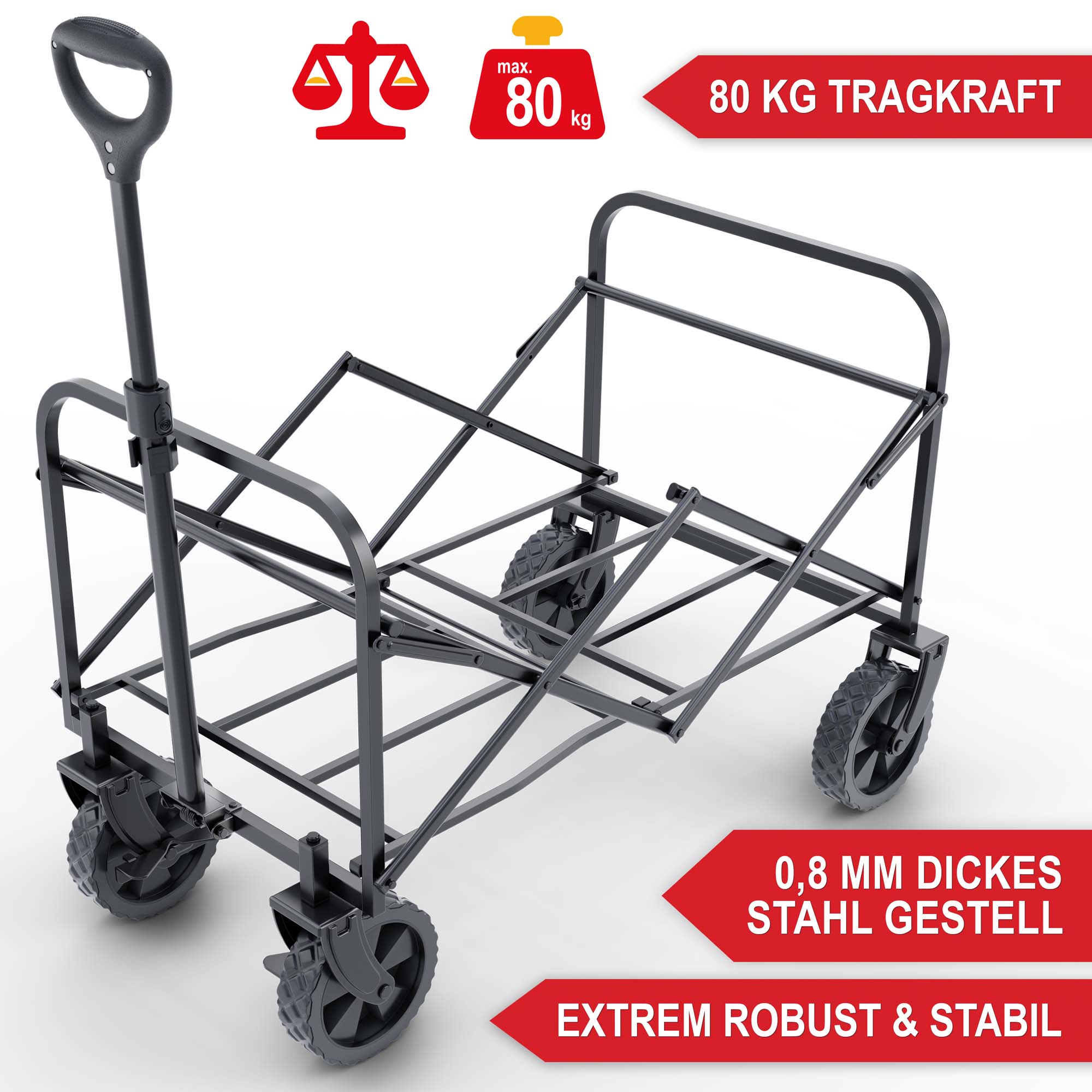 Bollerwagen Schwarz 80 kg Tragkraft 0,8 mm dickes Stahl Gestell robust und stabil