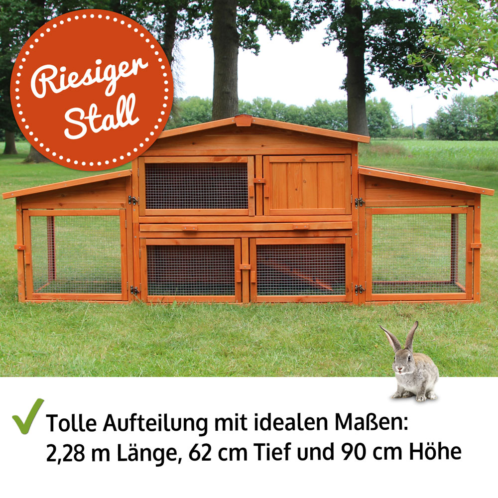 Die großzügige Aufteilung des Hasenstalls König XXL bietet mit seinen Maßen von 2,28 m Länge 62 cm Tiefe und 90 cm Höhe viel Platz für deine Tiere