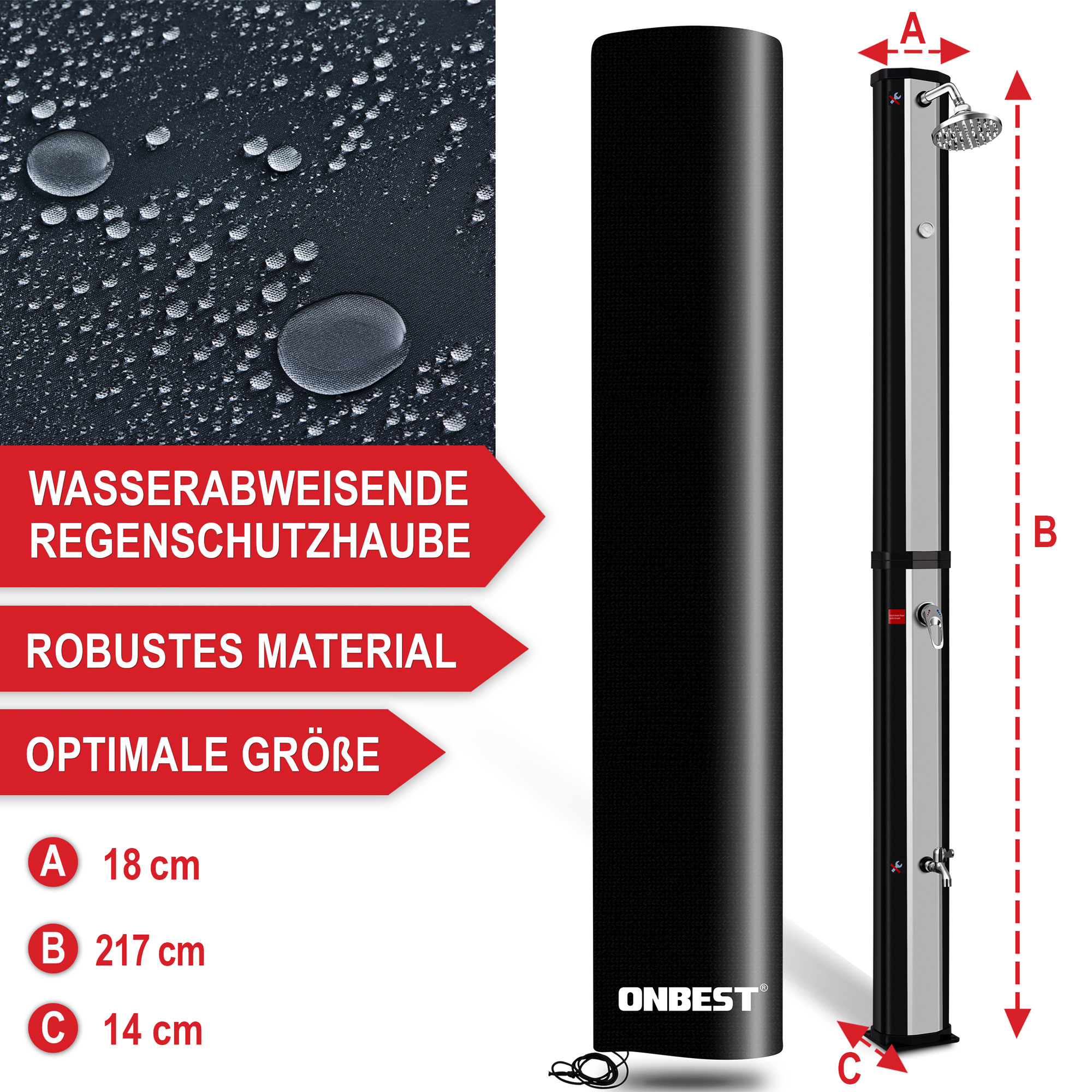 Wasserabweisende Regenschutzhaube - Robustes Material - Optimale Größe (A: 18 cm, B: 217 cm, C: 14 cm) - Solardusche - Gartendusche - Außendusche - Pooldusche - Wetterfest - Langlebig