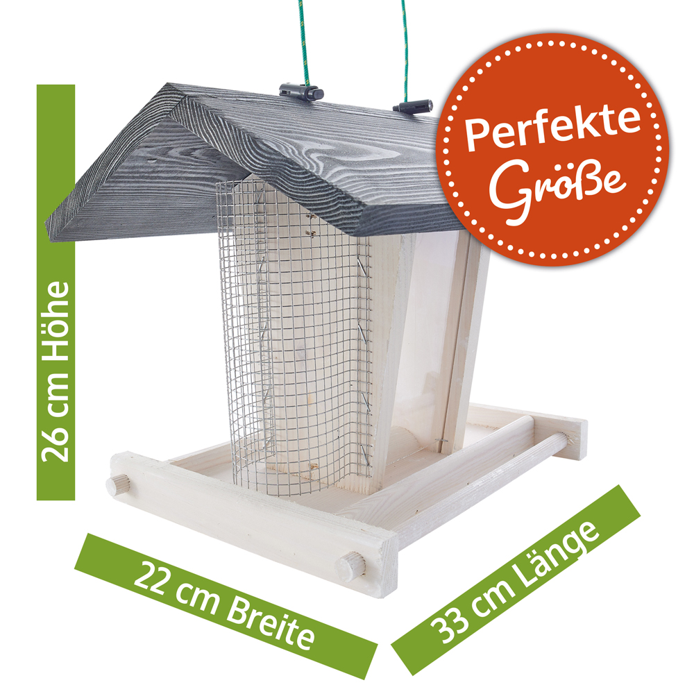 Vogelhaus Bird Kitchen mit den Maßen 26 cm Höhe 22 cm Breite und 33 cm Länge beschrieben als perfekte Größe