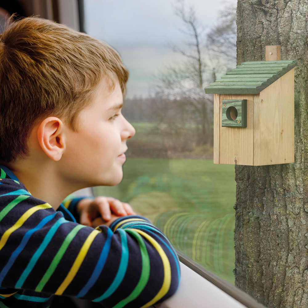 Der Nistkasten ermöglicht es die Natur hautnah zu erleben indem man die Vögel direkt vom Fenster aus beobachten kann während sie ein sicheres Zuhause im Garten finden