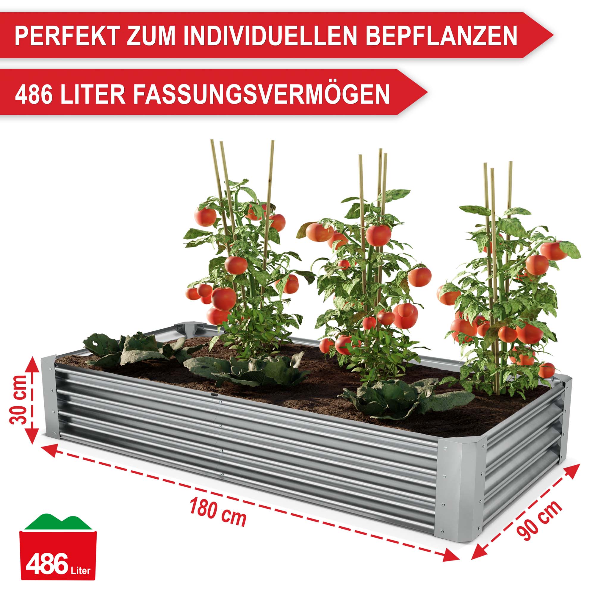 Perfekt zum individuellen Bepflanzen 486 Liter Fassungsvermögen 180 cm lang 90 cm breit 30 cm hoch