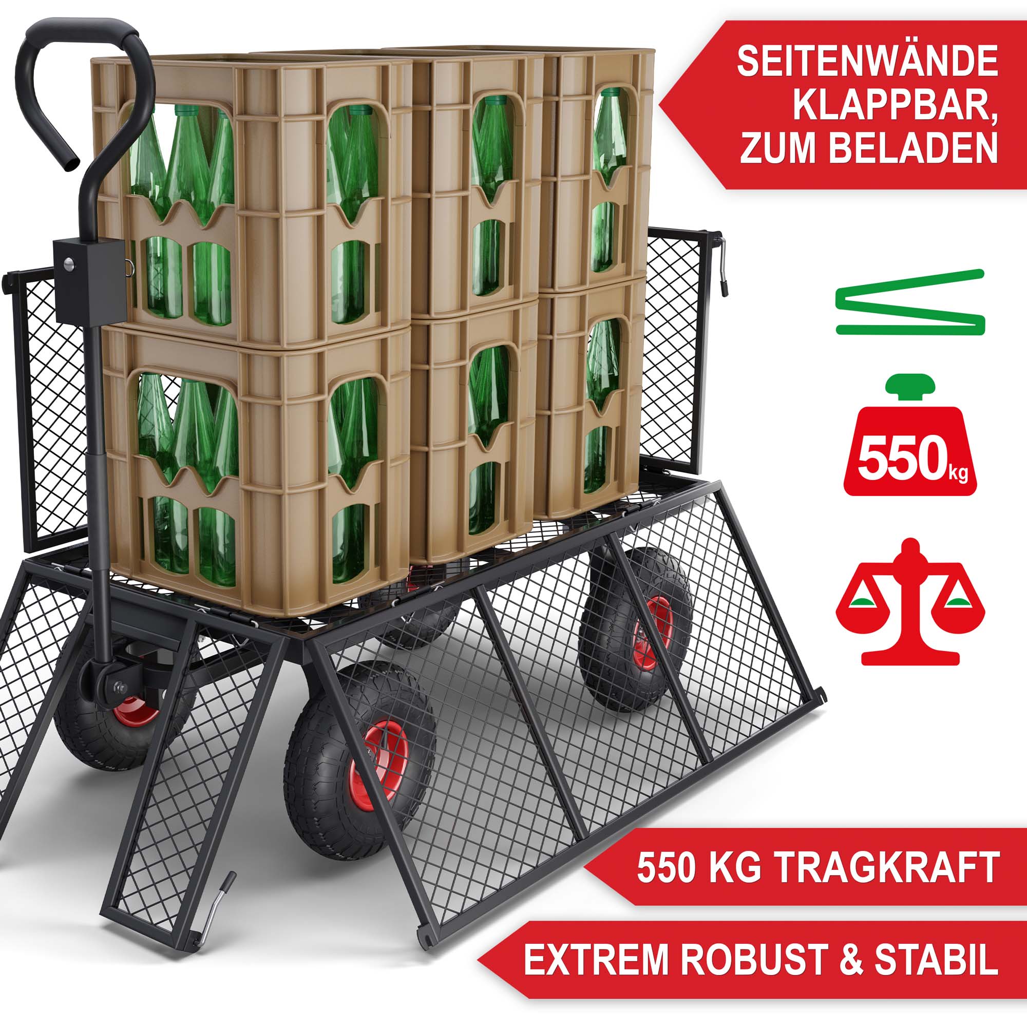 Robuster Transportwagen Seitenwände klappbar zum Beladen 550 kg Tragkraft