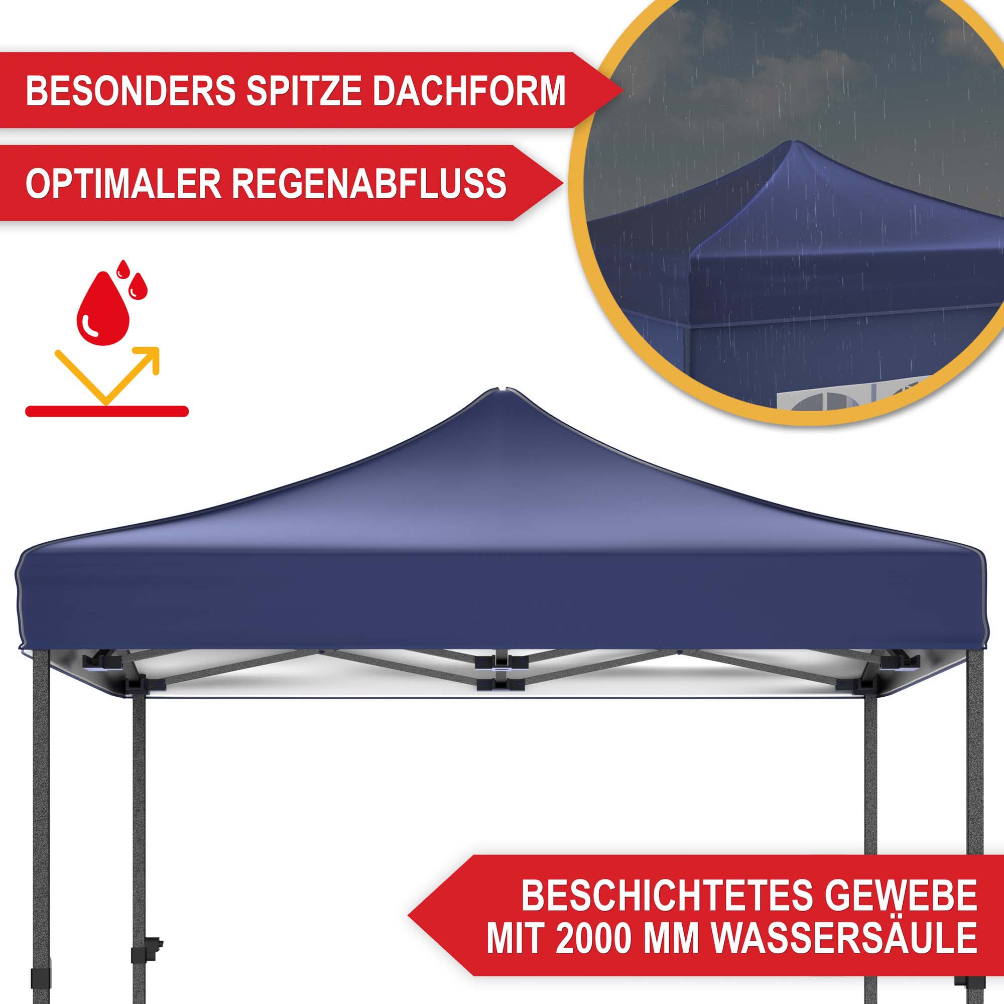 Besonders spitze Dachform - optimaler Regenabfluss - beschichtetes Gewebe mit 2000 mm Wassersäule - Pavillon blau - Schutzdach - Festzelt - Gartenpavillon - Zelt - Eventzelt - Partyzelt - Regenschutz - Sonnenschutz - Überdachung