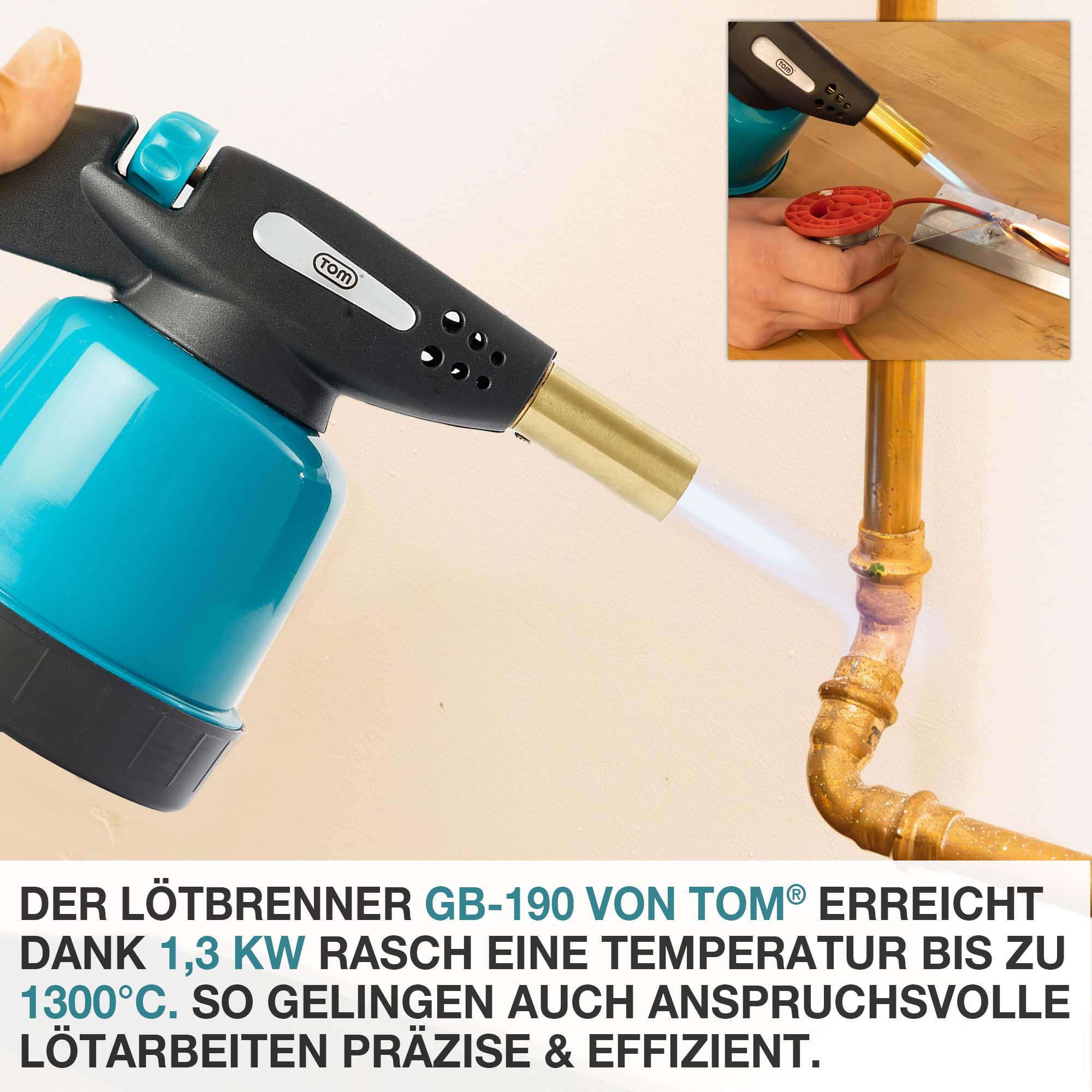 Lötbrenner GB-190 – Erreicht eine Temperatur bis zu 1300 Grad dank 1,3 kW Leistung. Für präzise und effiziente Lötarbeiten. Handlötgerät – Flambierbrenner