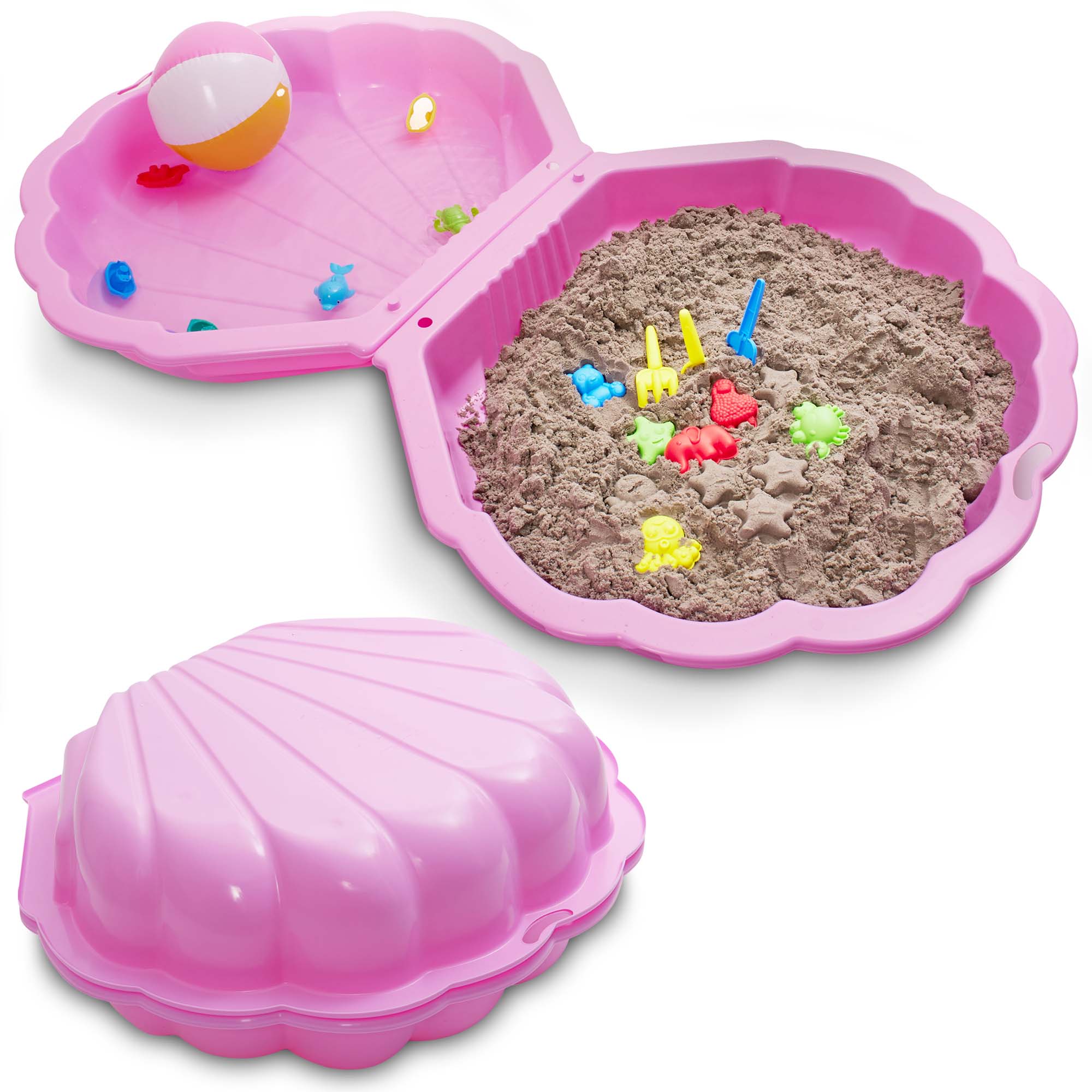 Sandkasten Muschel Pink - robustes Material - zwei Hälften - vielseitig verwendbar - stapelbar - mit Deckel für Schutz - ideal für Sand und Wasser