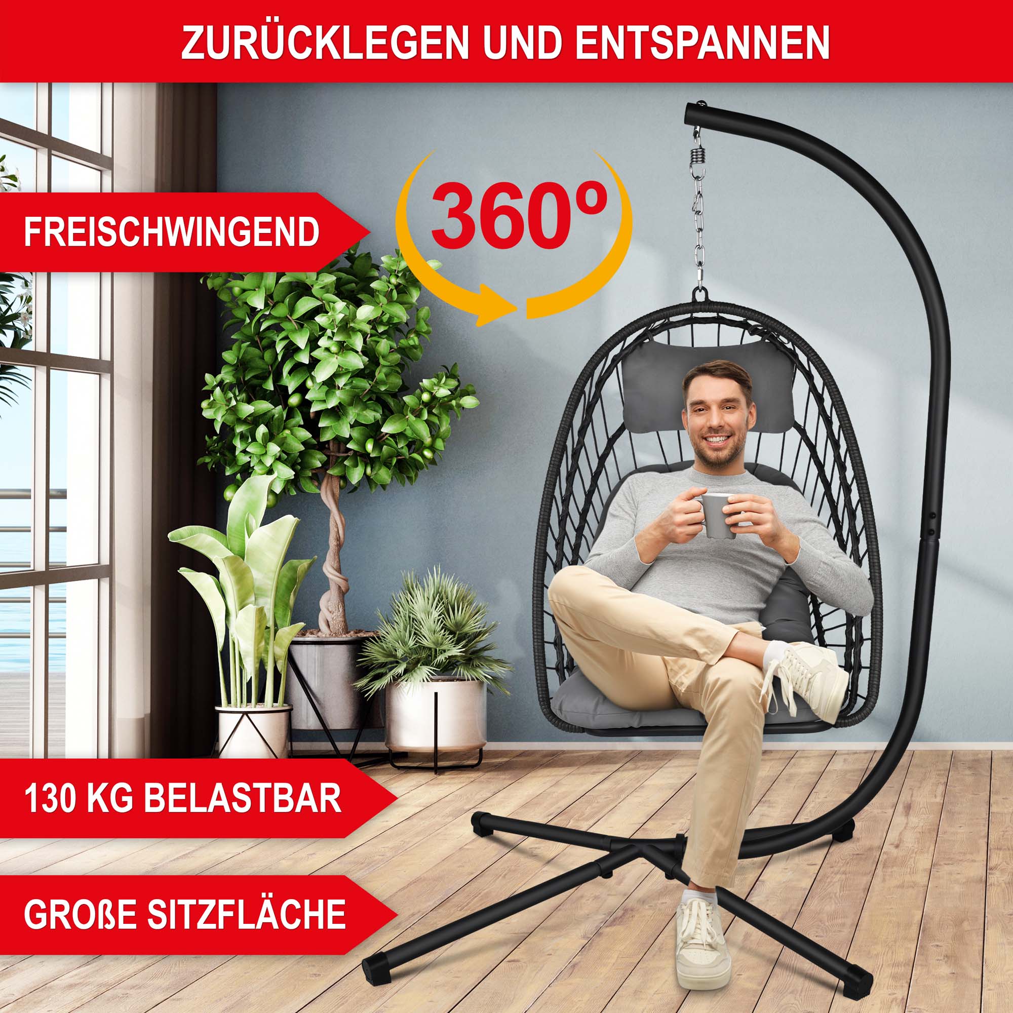 Freischwingender Hängesessel Grau 360° drehbar 130 kg Tragkraft große Sitzfläche ideal zum Entspannen