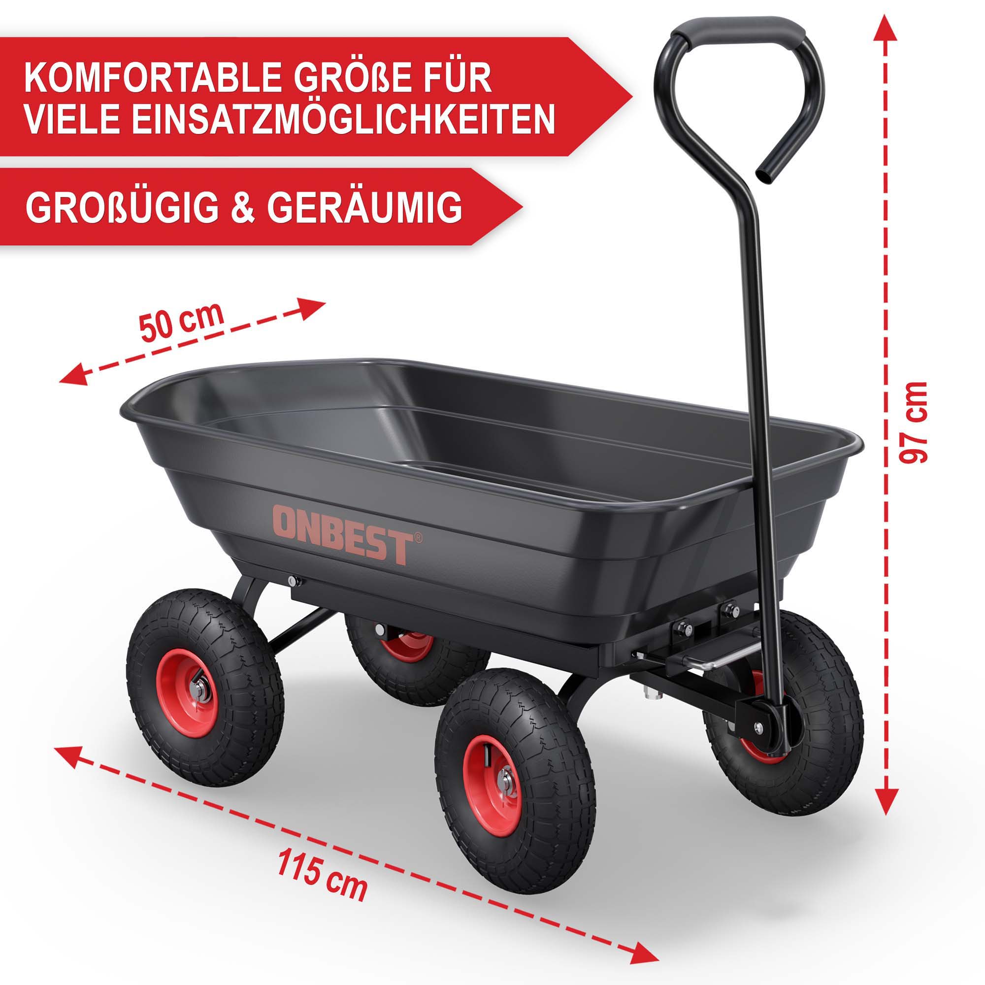 ONBEST Gartenwagen komfortable Größe für viele Einsatzmöglichkeiten großzügig und geräumig 50 cm breit 97 cm hoch 115 cm lang