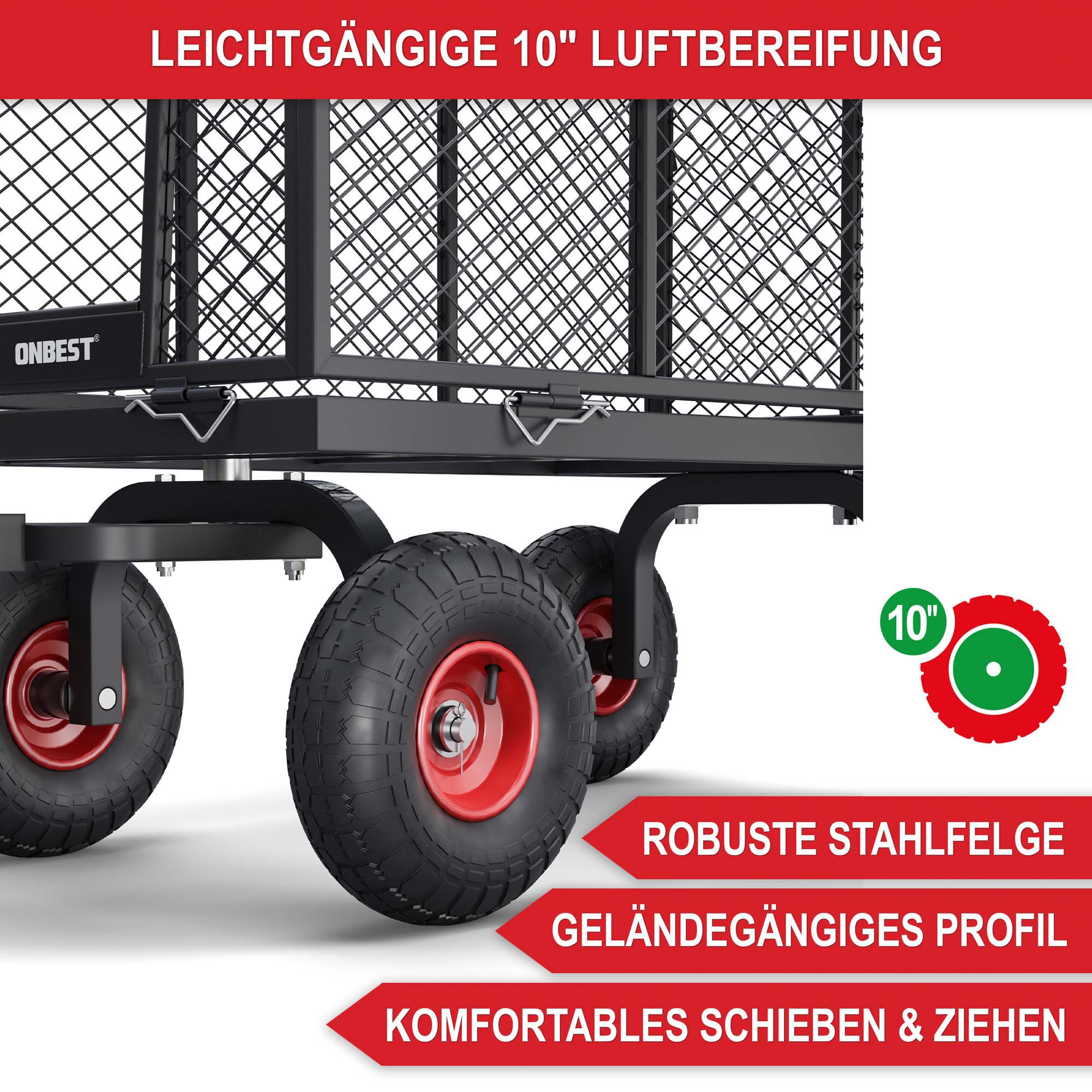 Bollerwagen mit Luftbereifung 10" Luftreifen robuste Stahlfelge geeignet für jedes Gelände komfortabel zu nutzen