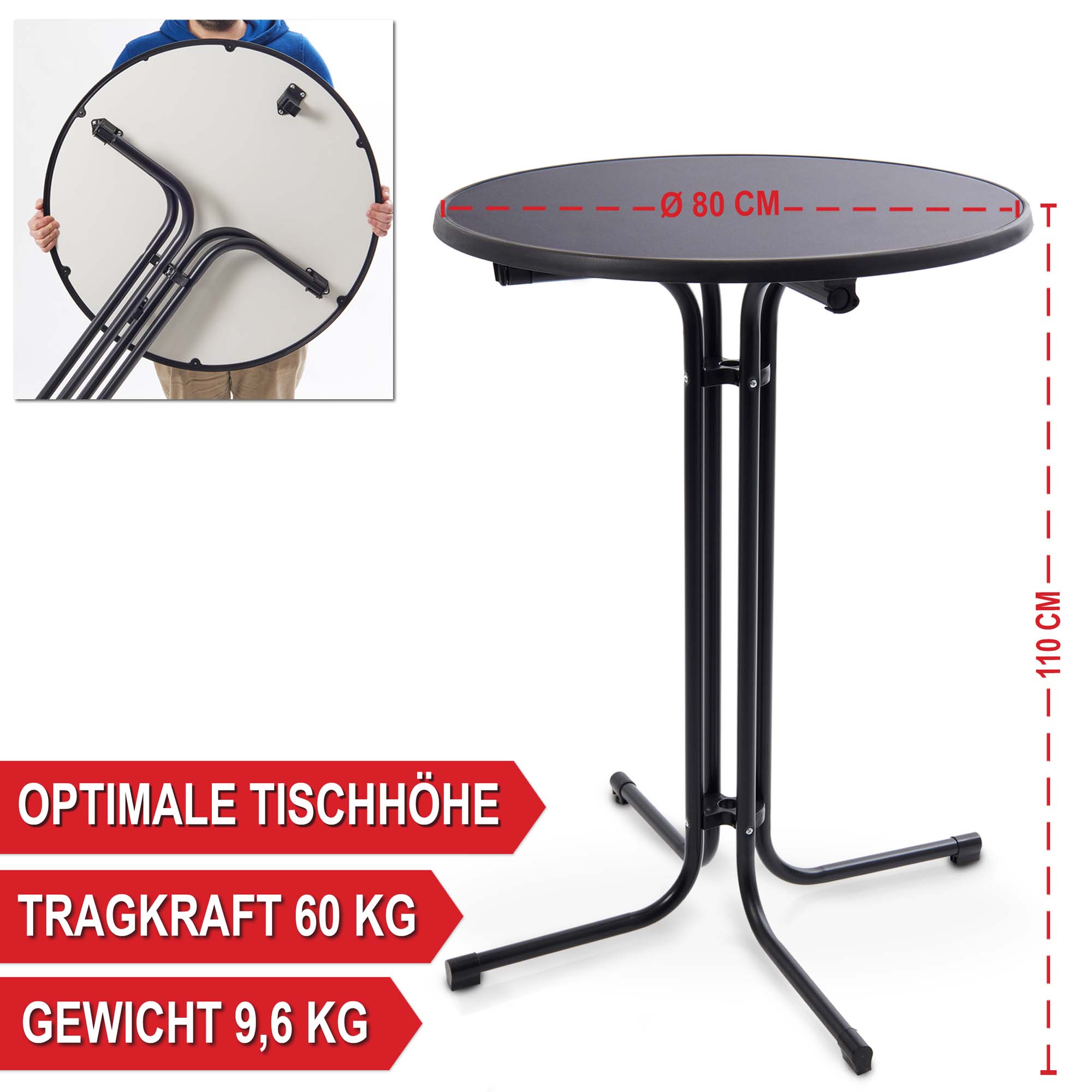 Stehtisch mit Tischhusse schwarz - optimale Tischhöhe - Klapptisch mit Husse - Eventtisch mit Überzug - Bartisch mit Tischdecke - Tragkraft 60 kg - Gewicht 9,6 kg - 110 cm hoch - 60 cm Durchmesser