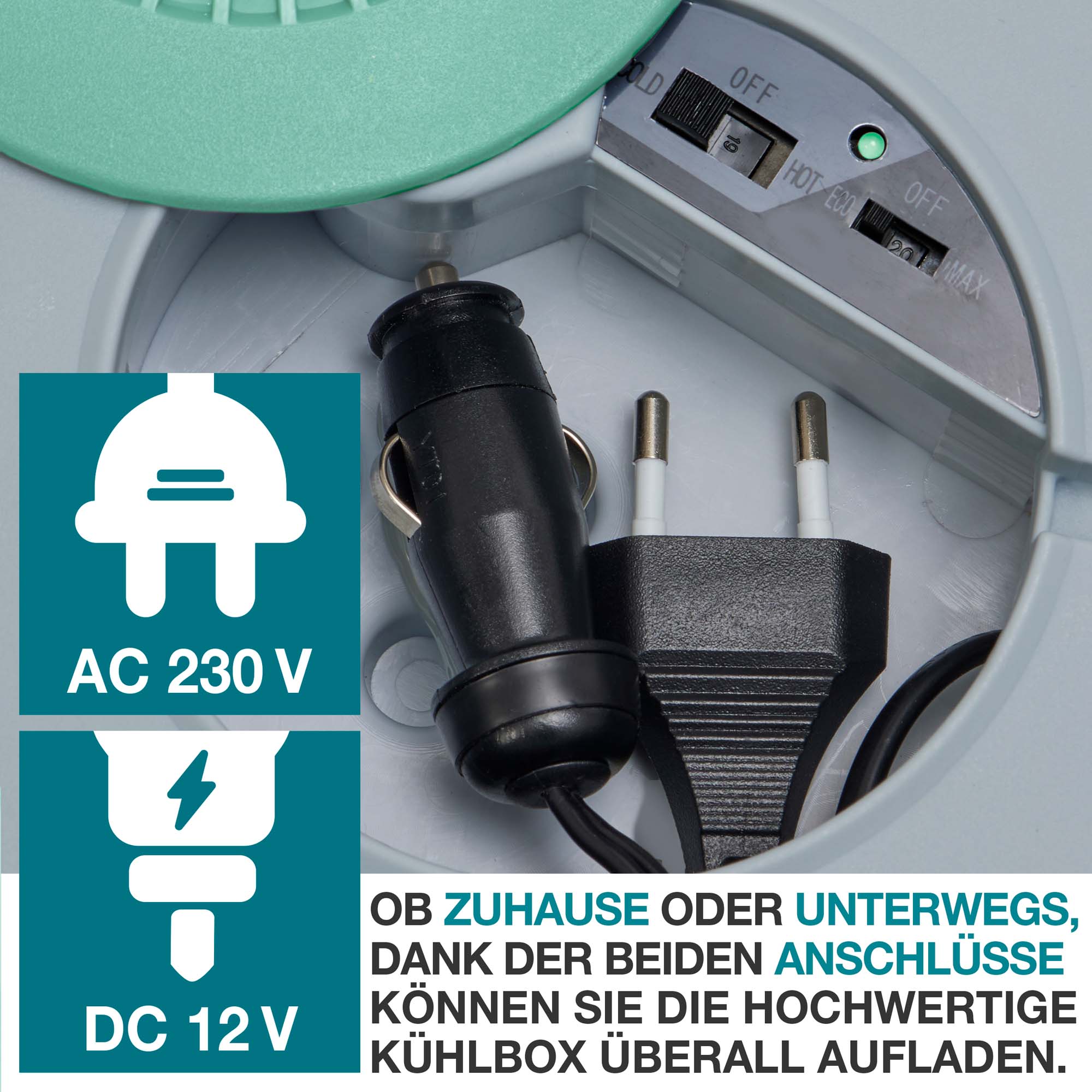 Kühlbox grün - Getränkekühler - AC 230 V und DC 12 V Anschlüsse - Kühlbehälter - 2-in-1 Kühler - Thermobox