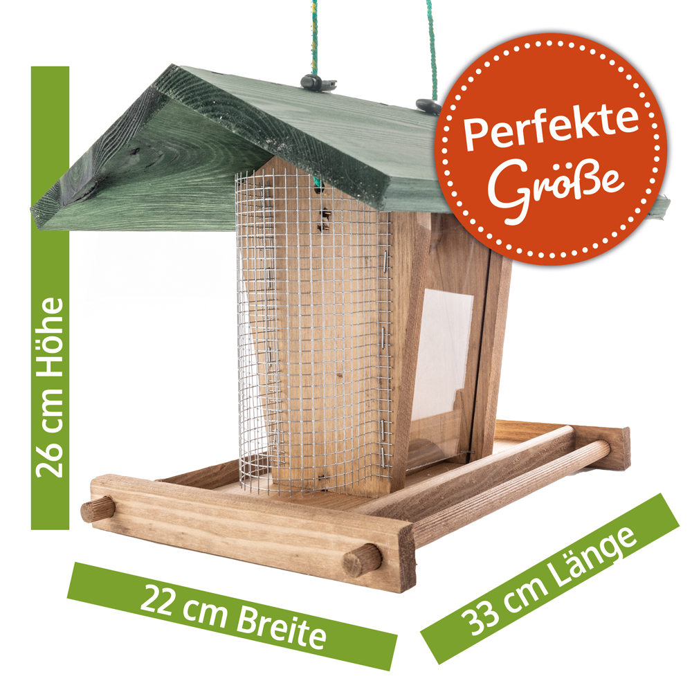 Vogelhaus Bird Kitchen Braun mit den Maßen 26 cm Höhe, 22 cm Breite und 33 cm Länge, beschrieben als perfekte Größe