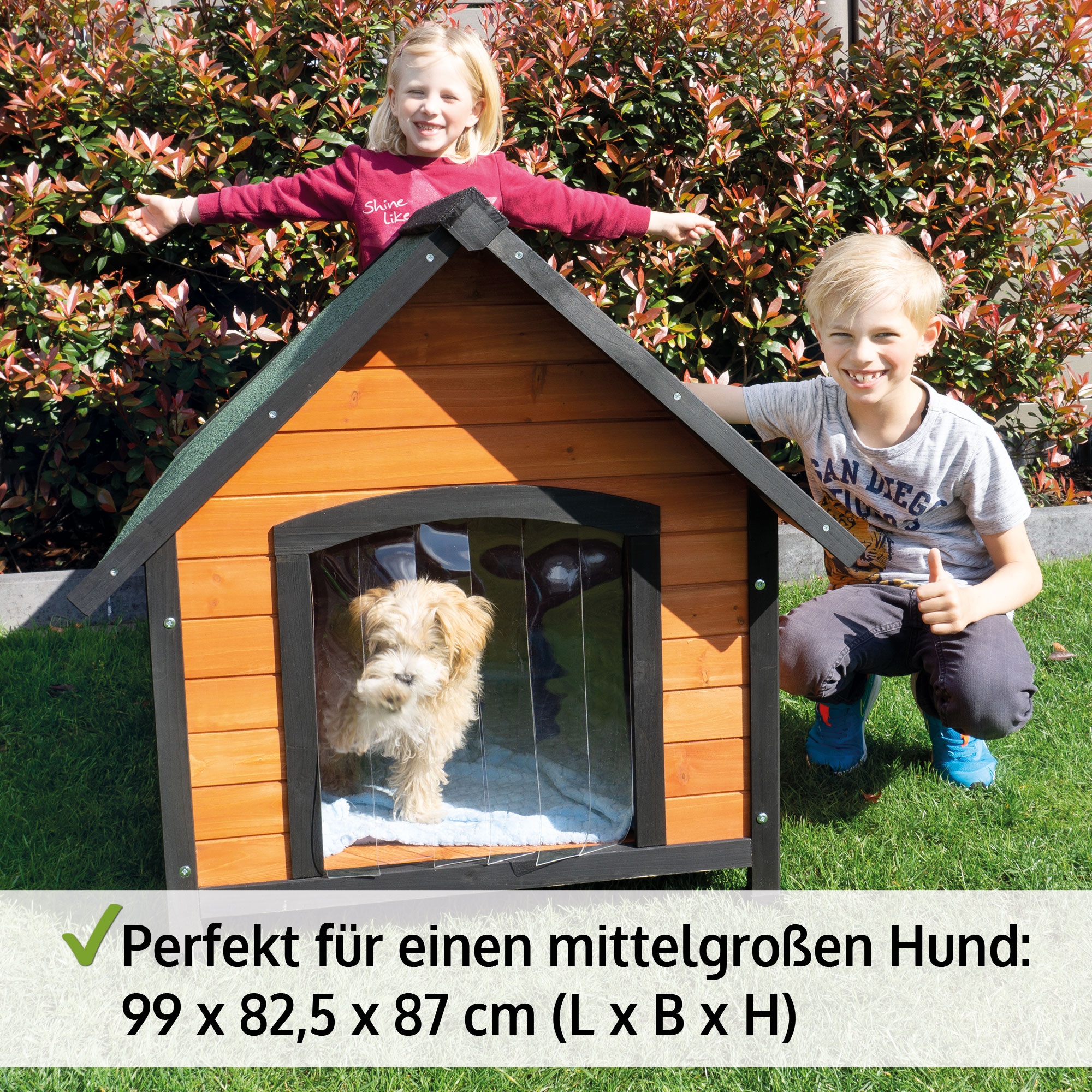 Hundehütte Luna L bietet die ideale Größe für einen mittelgroßen Hund mit den Maßen 99 x 82,5 x 87 cm