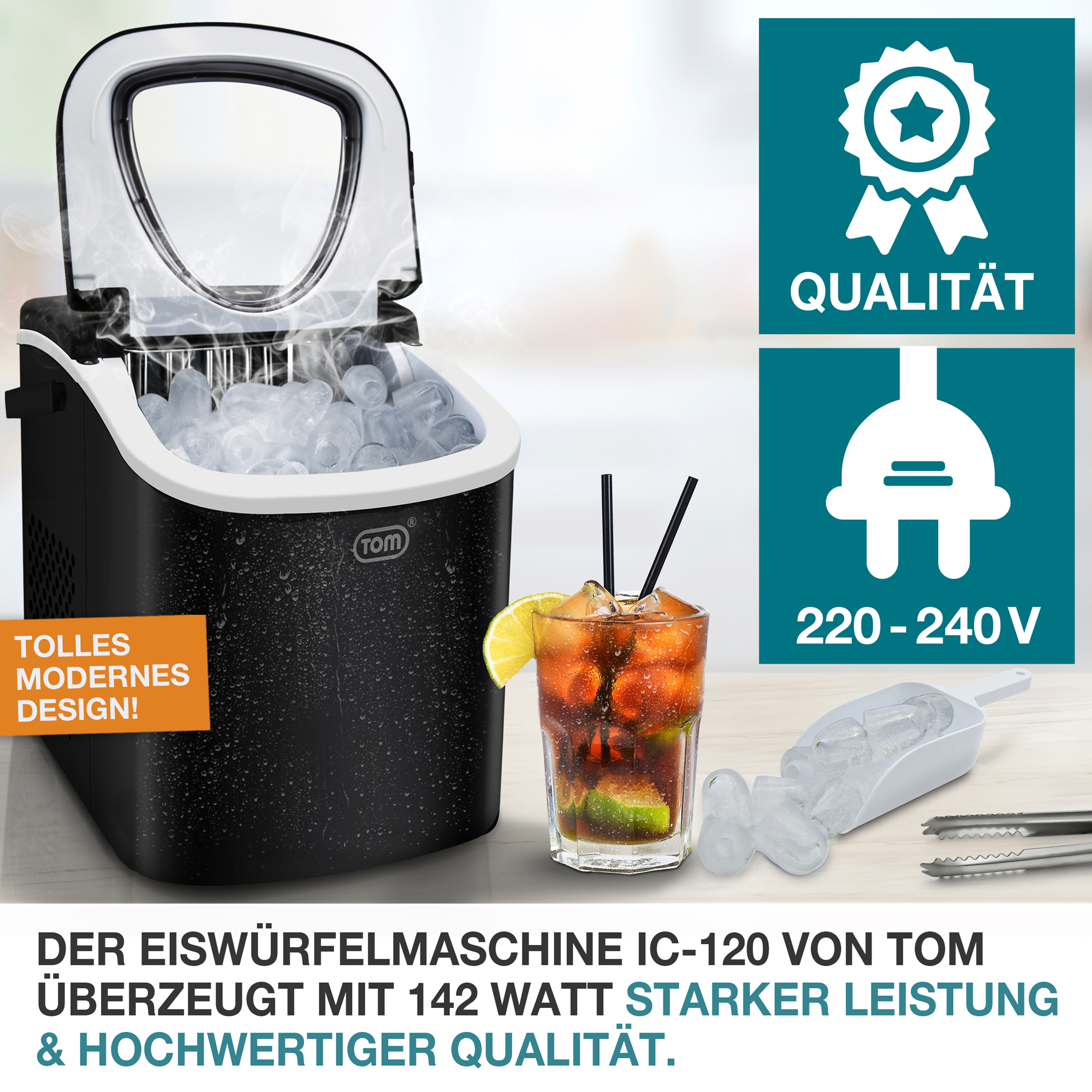 Eiswürfelmaschine IC-120 schwarz – Starke Leistung mit 142 Watt – Hochwertige Qualität – Modernes Design – 220-240V – Ideal für Getränke – Küchengerät – Schnelle Eisproduktion – Kompaktes Format – Praktisch für Zuhause – Einfache Bedienung